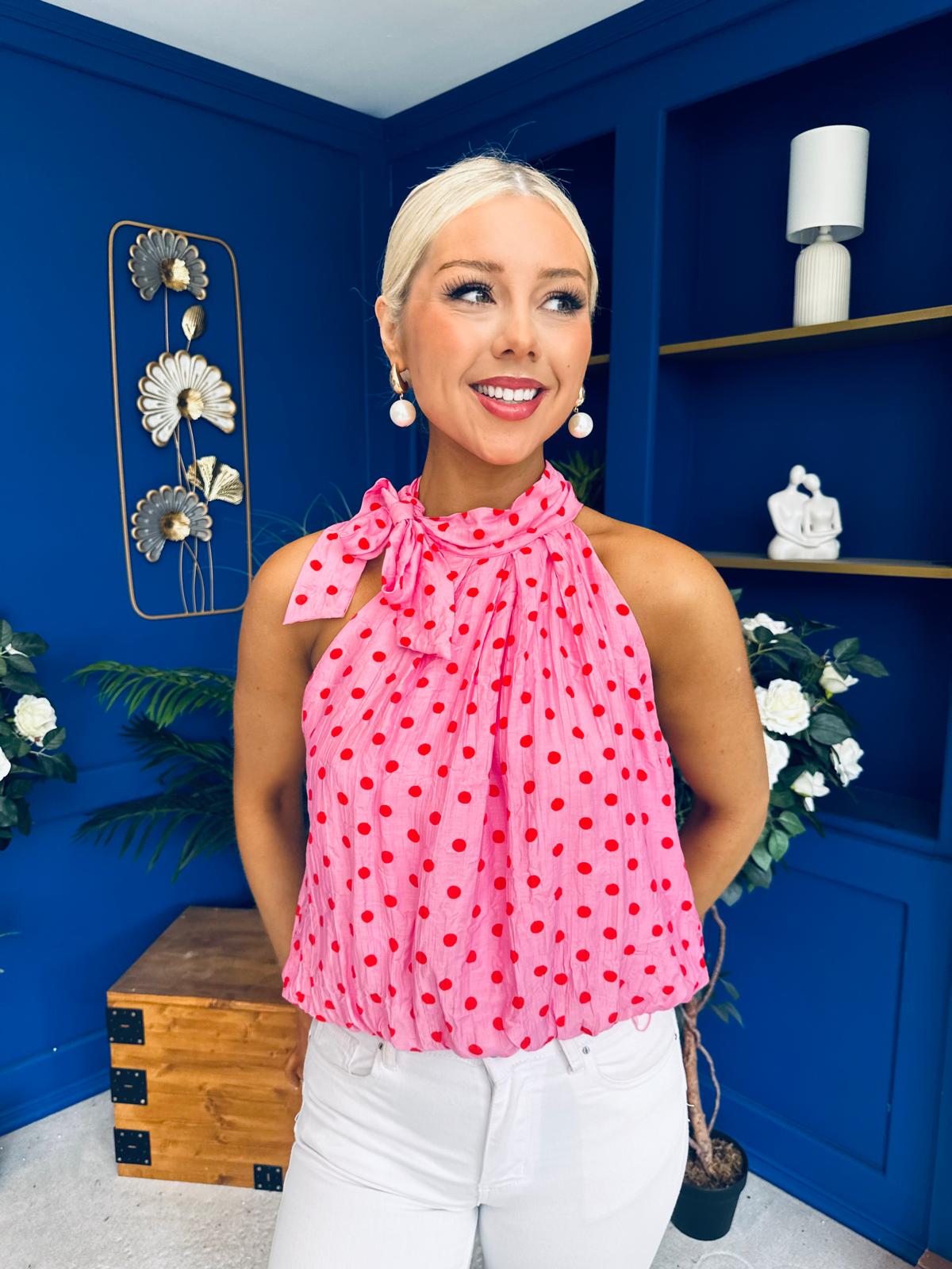 Irene Bow Tie Top Polka Pink