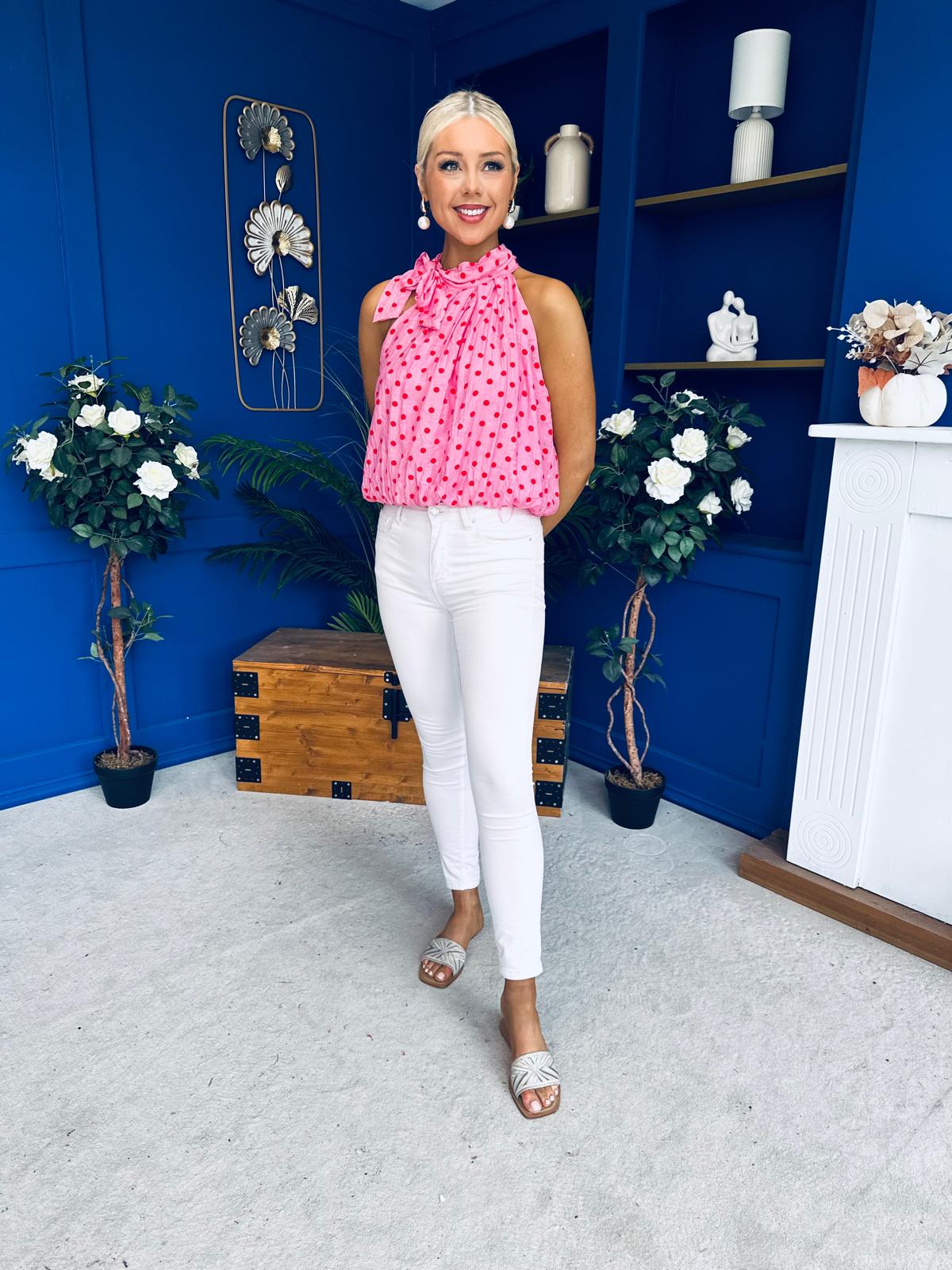 Irene Bow Tie Top Polka Pink