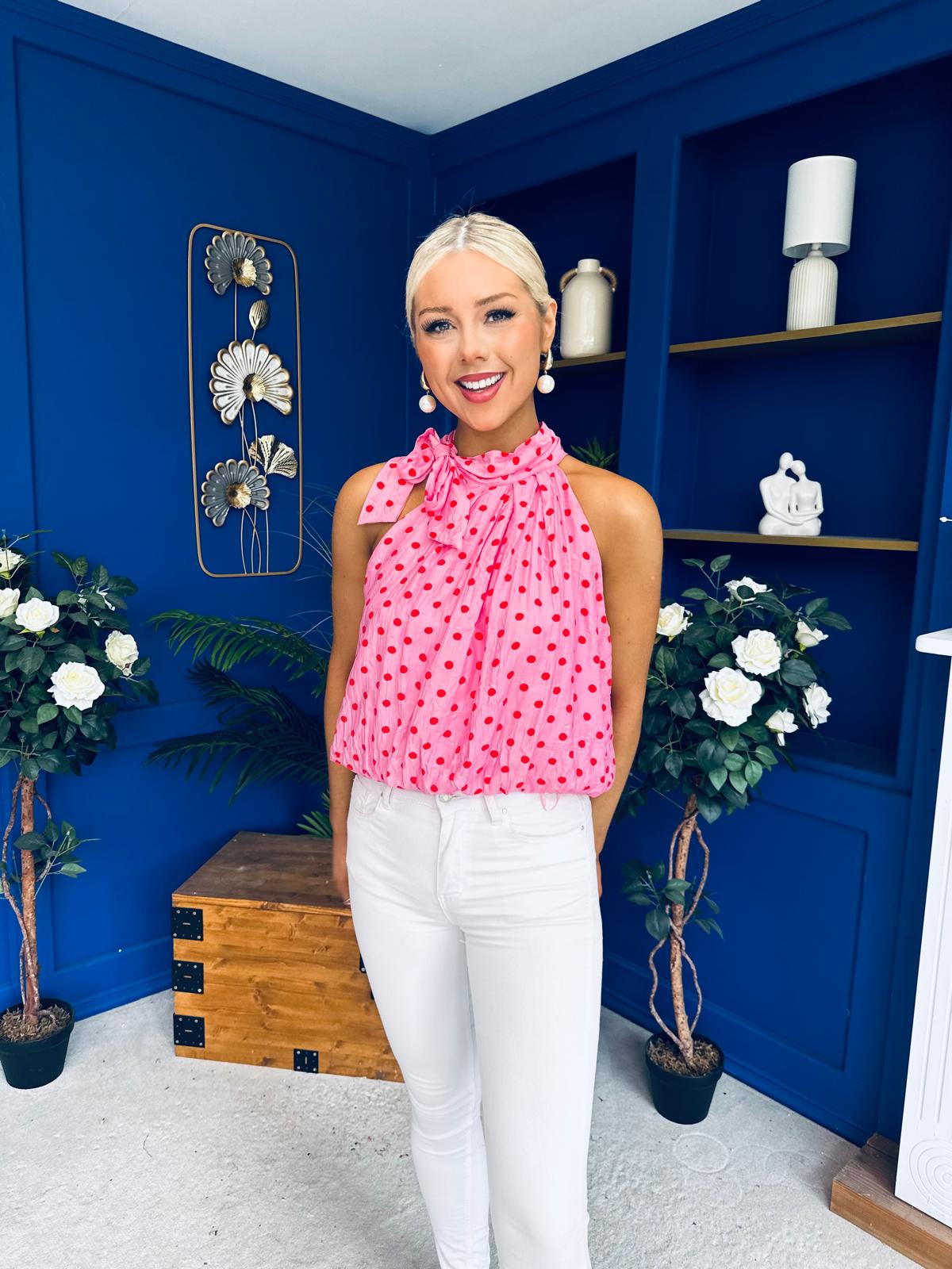 Irene Bow Tie Top Polka Pink