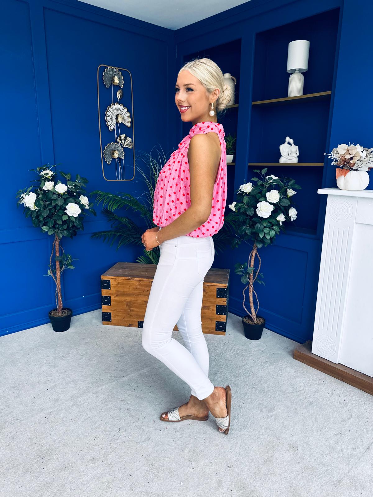 Irene Bow Tie Top Polka Pink