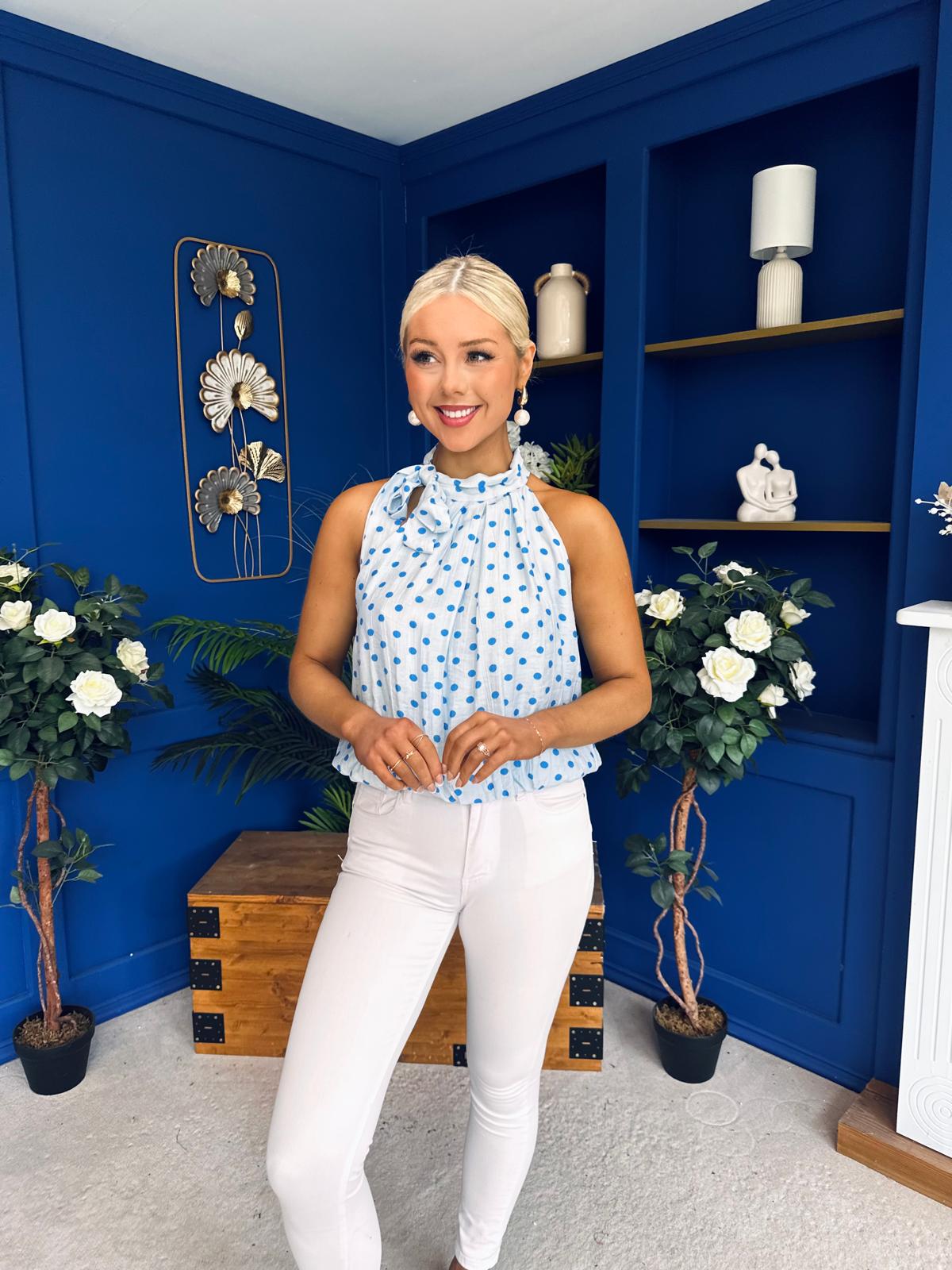 Irene Bow Tie Top Polka Blue