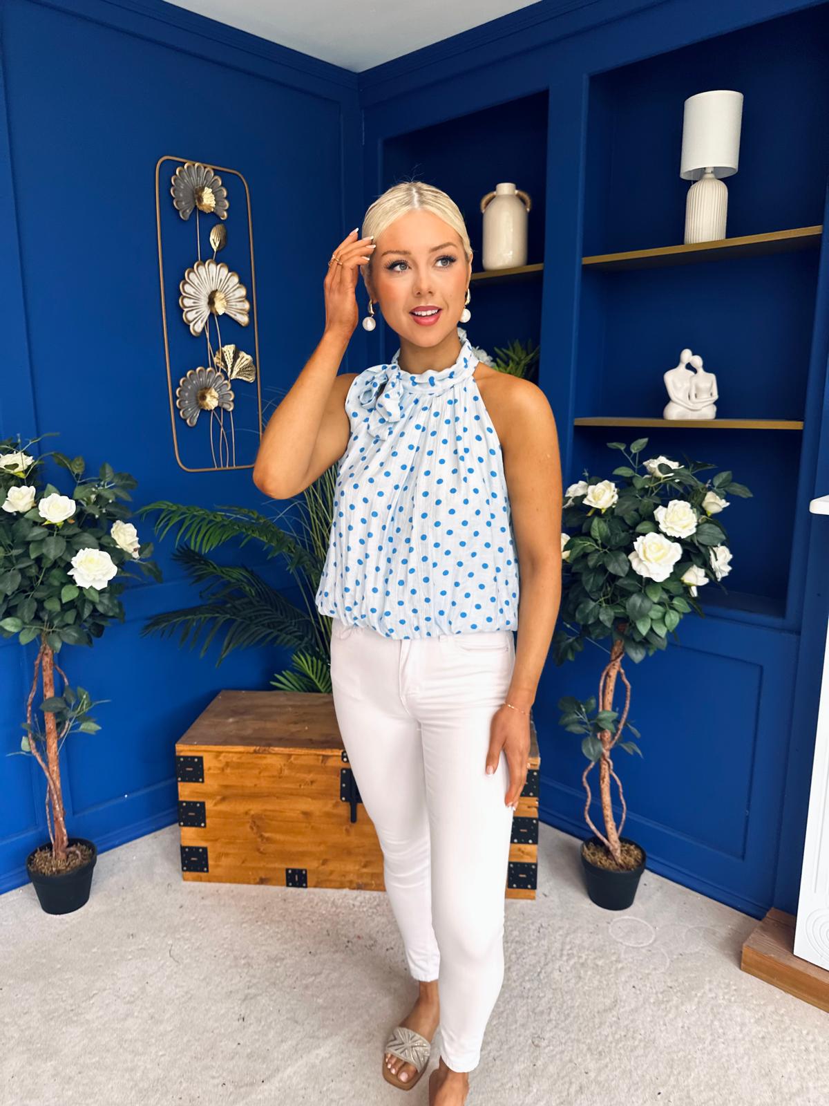 Irene Bow Tie Top Polka Blue