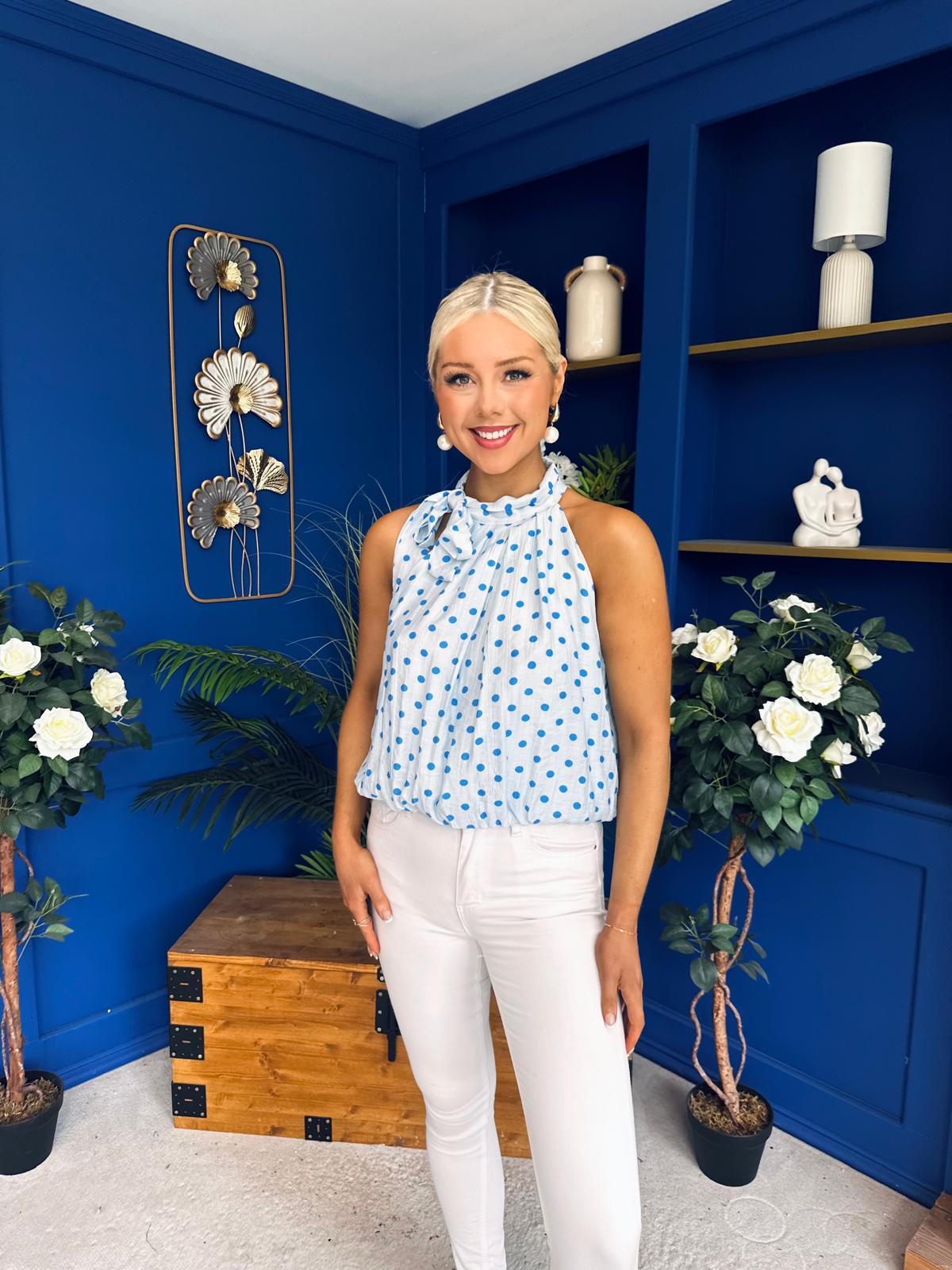 Irene Bow Tie Top Polka Blue