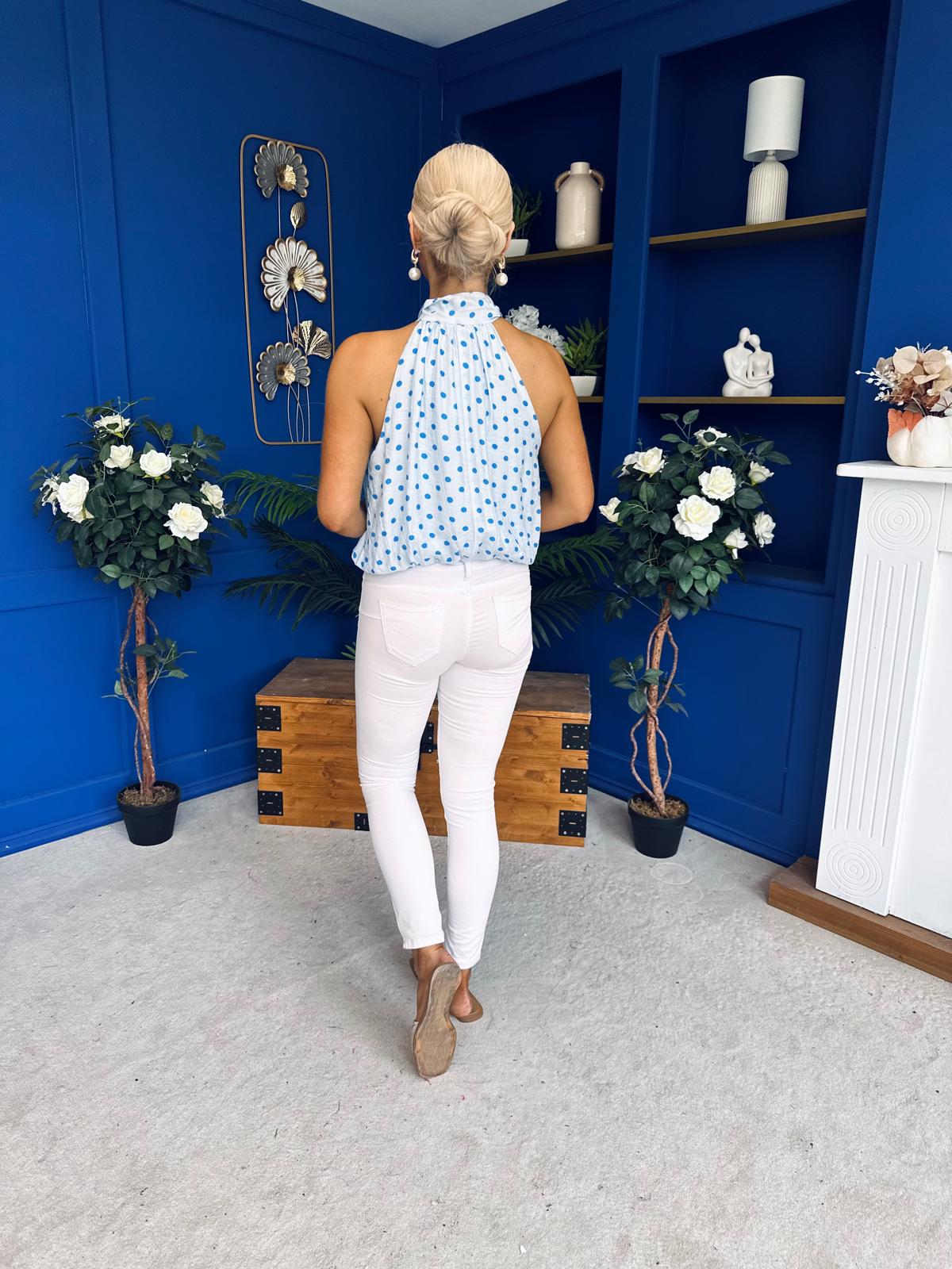 Irene Bow Tie Top Polka Blue