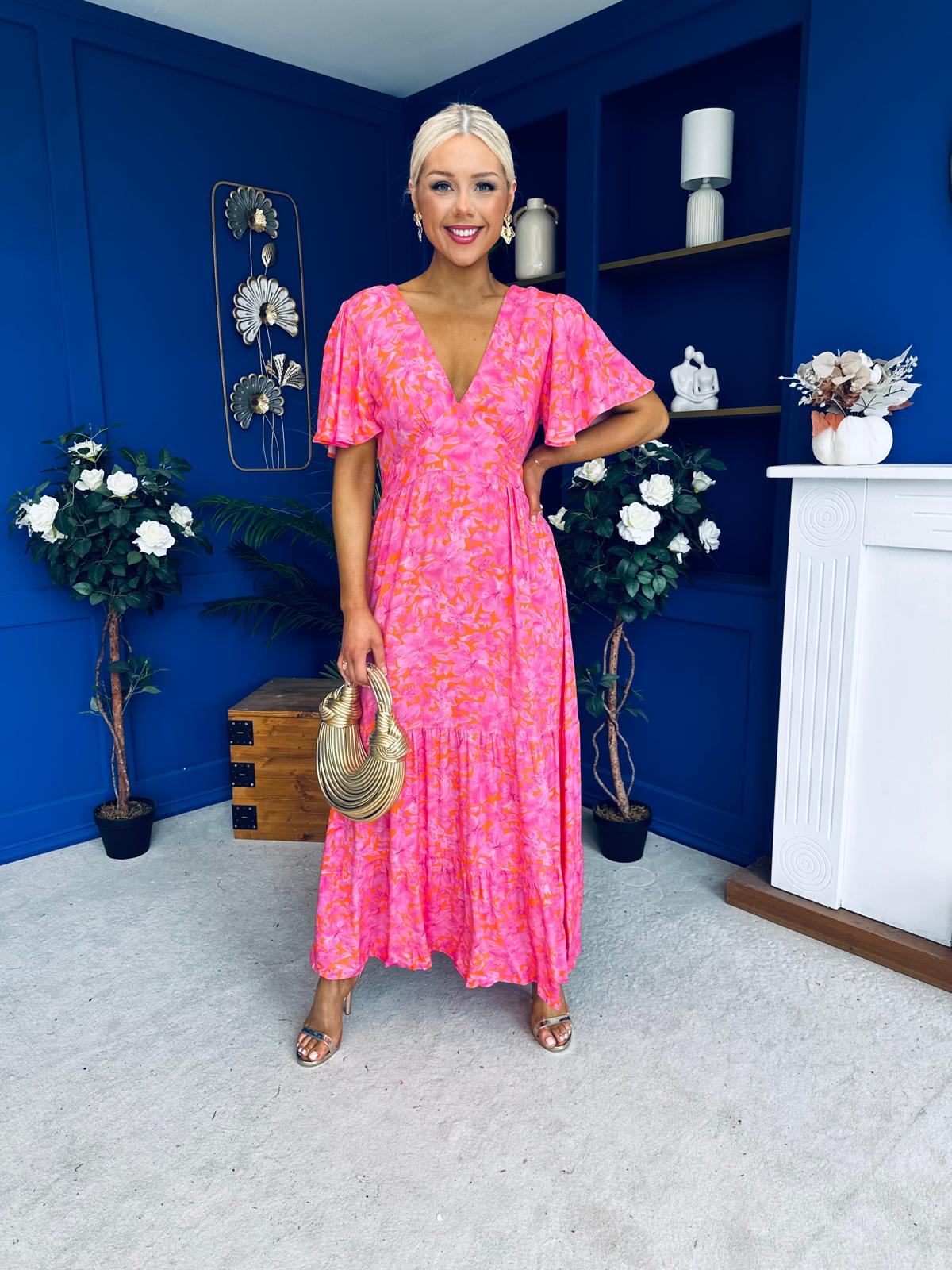 Destiny Banded Midi Dress Floral Pink