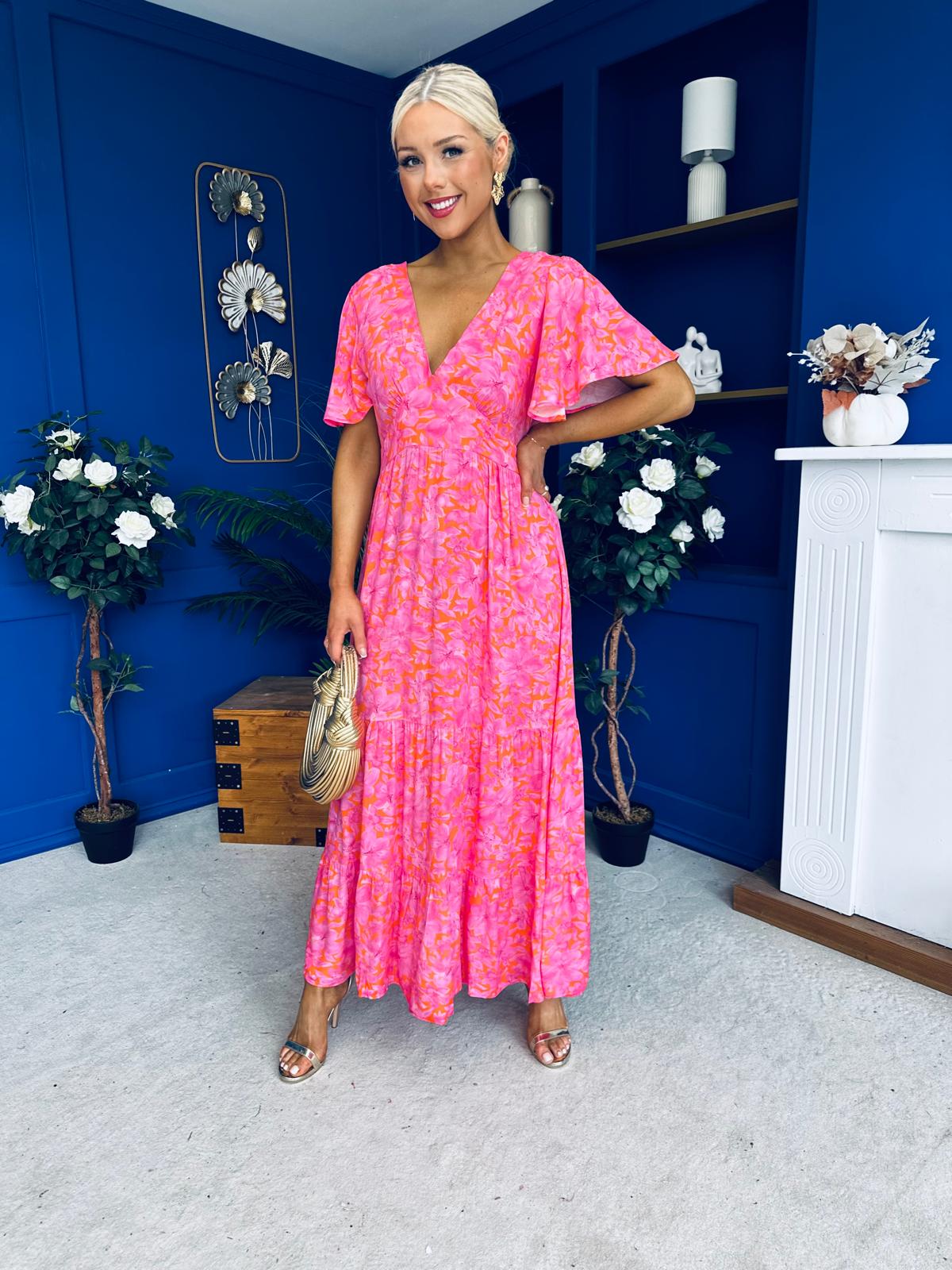 Destiny Banded Midi Dress Floral Pink