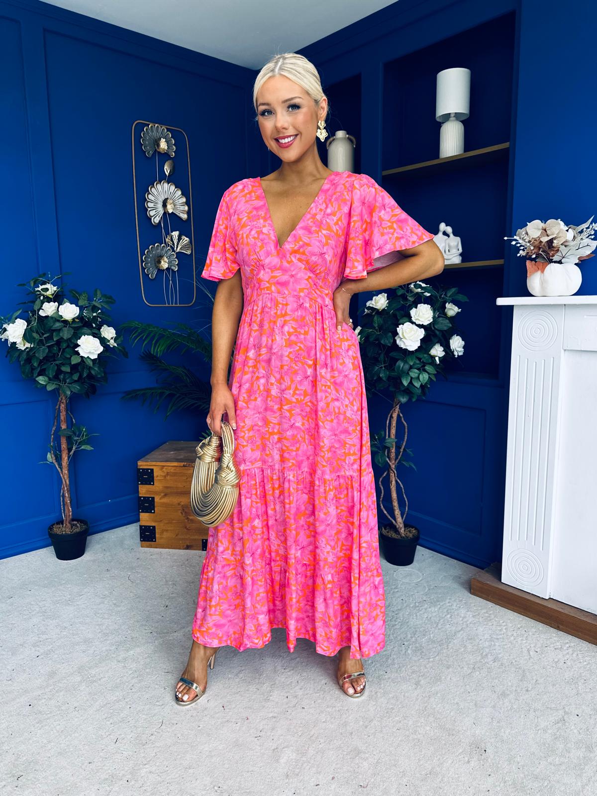 Destiny Banded Midi Dress Floral Pink