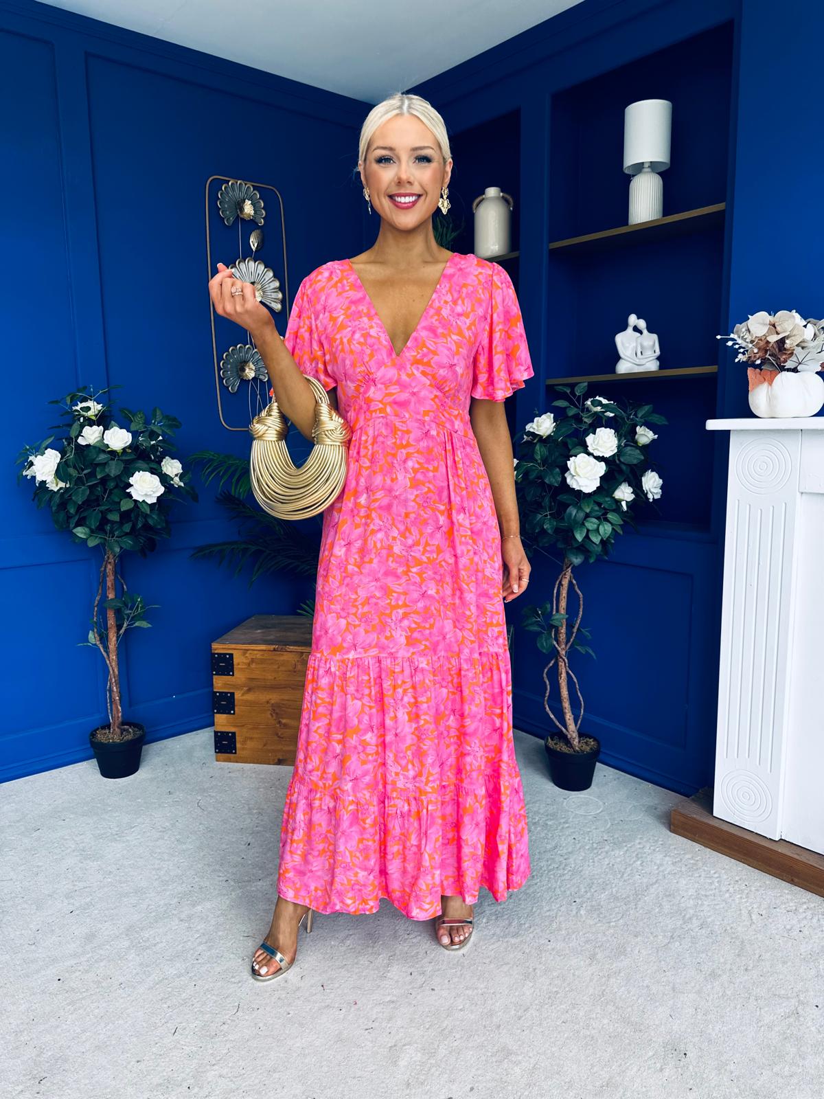 Destiny Banded Midi Dress Floral Pink