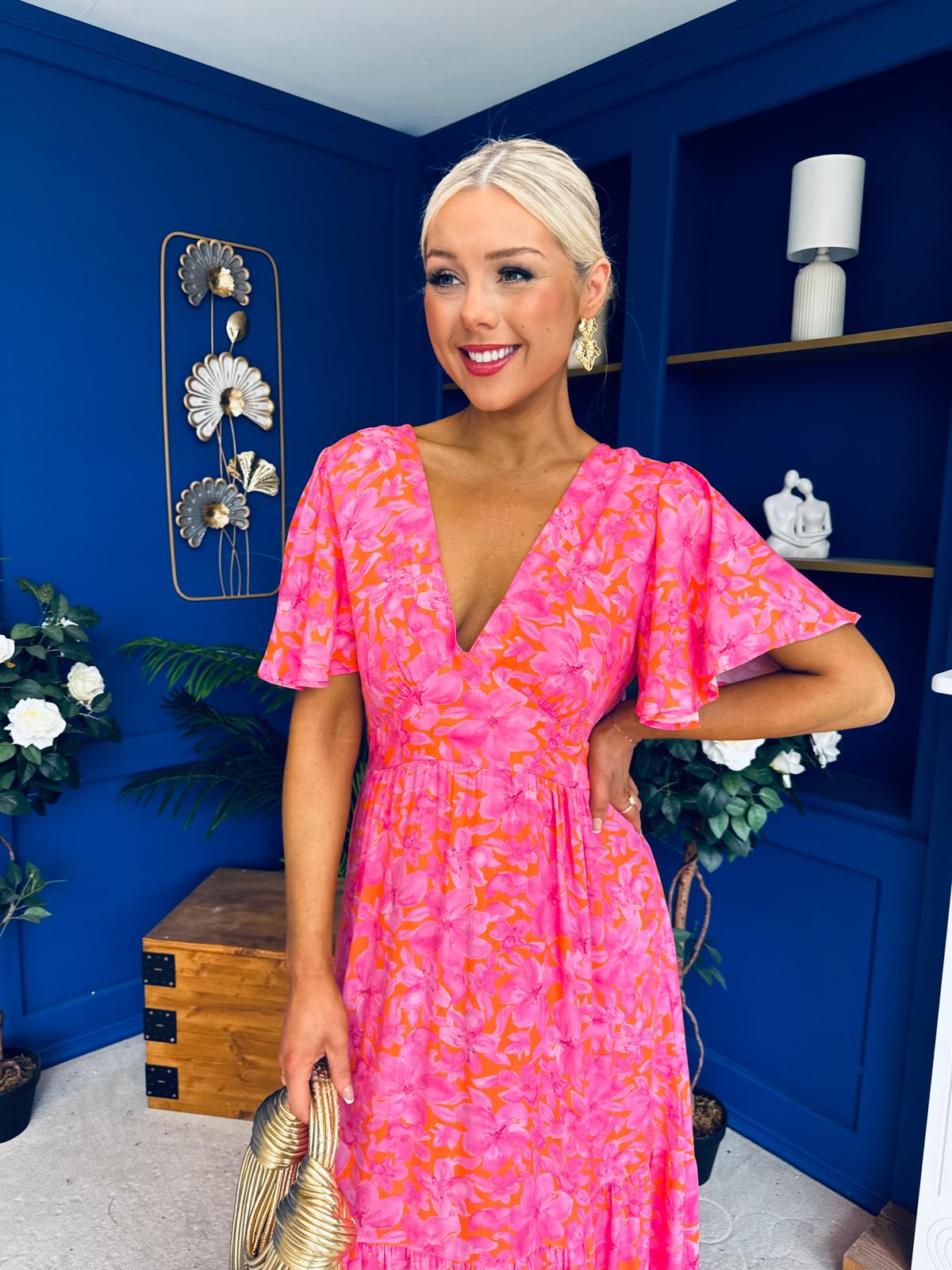 Destiny Banded Midi Dress Floral Pink