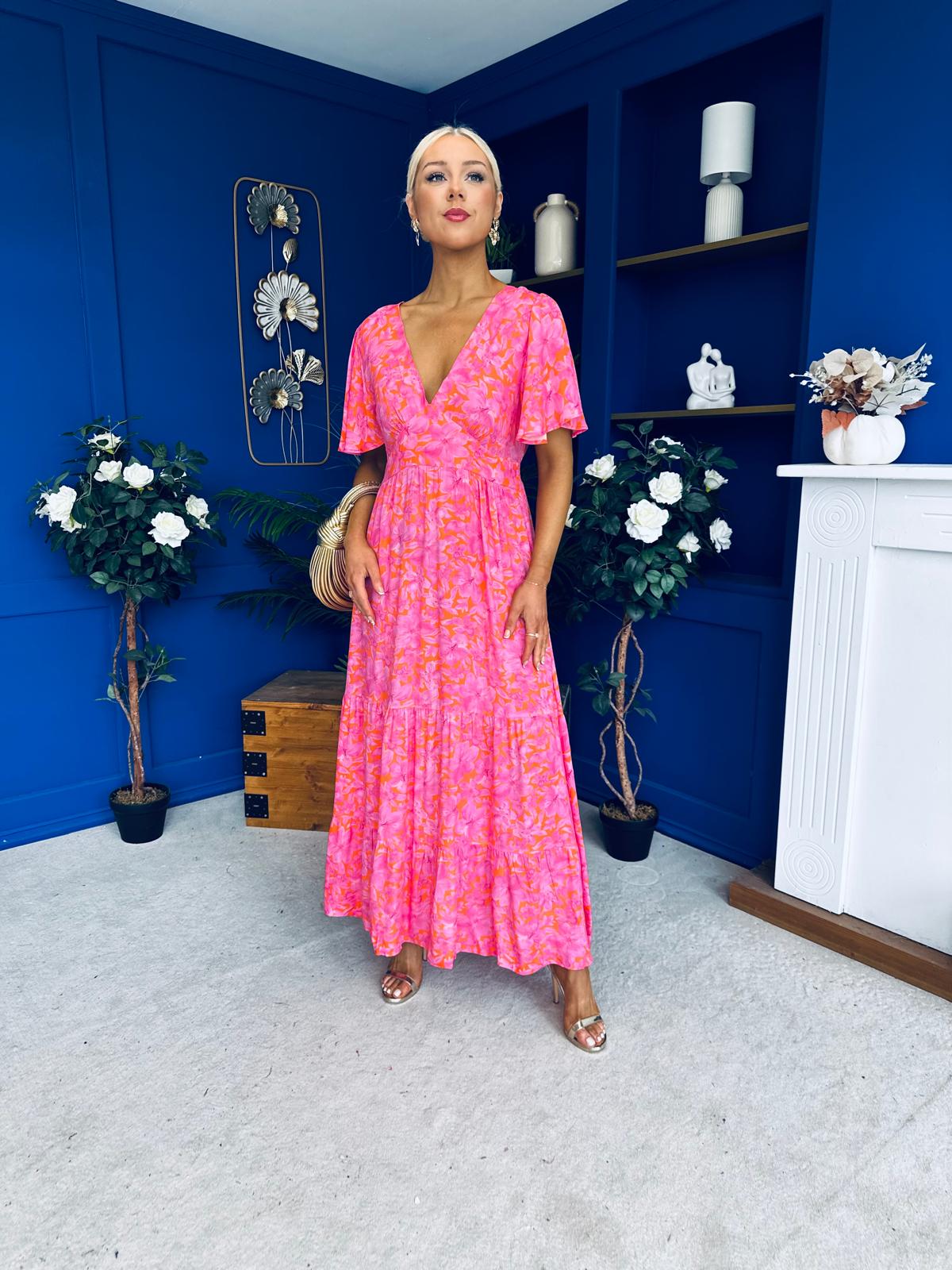Destiny Banded Midi Dress Floral Pink
