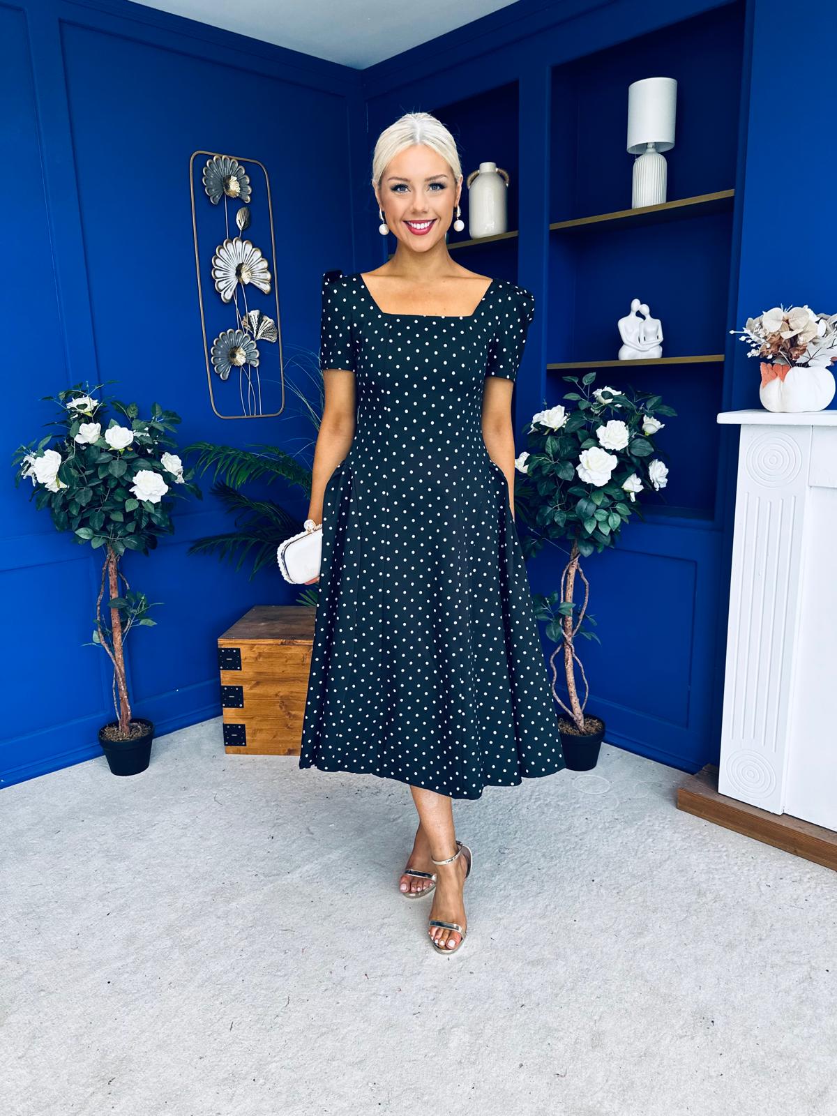 Fallon Detail Occasion Midi Dress Polka Black