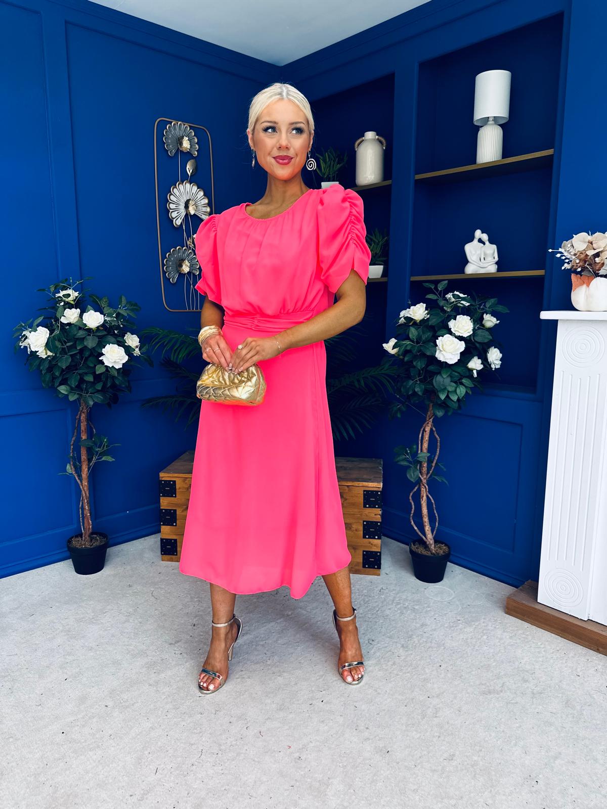 Laoise Puff Sleeve Banded Midi Dress Neon