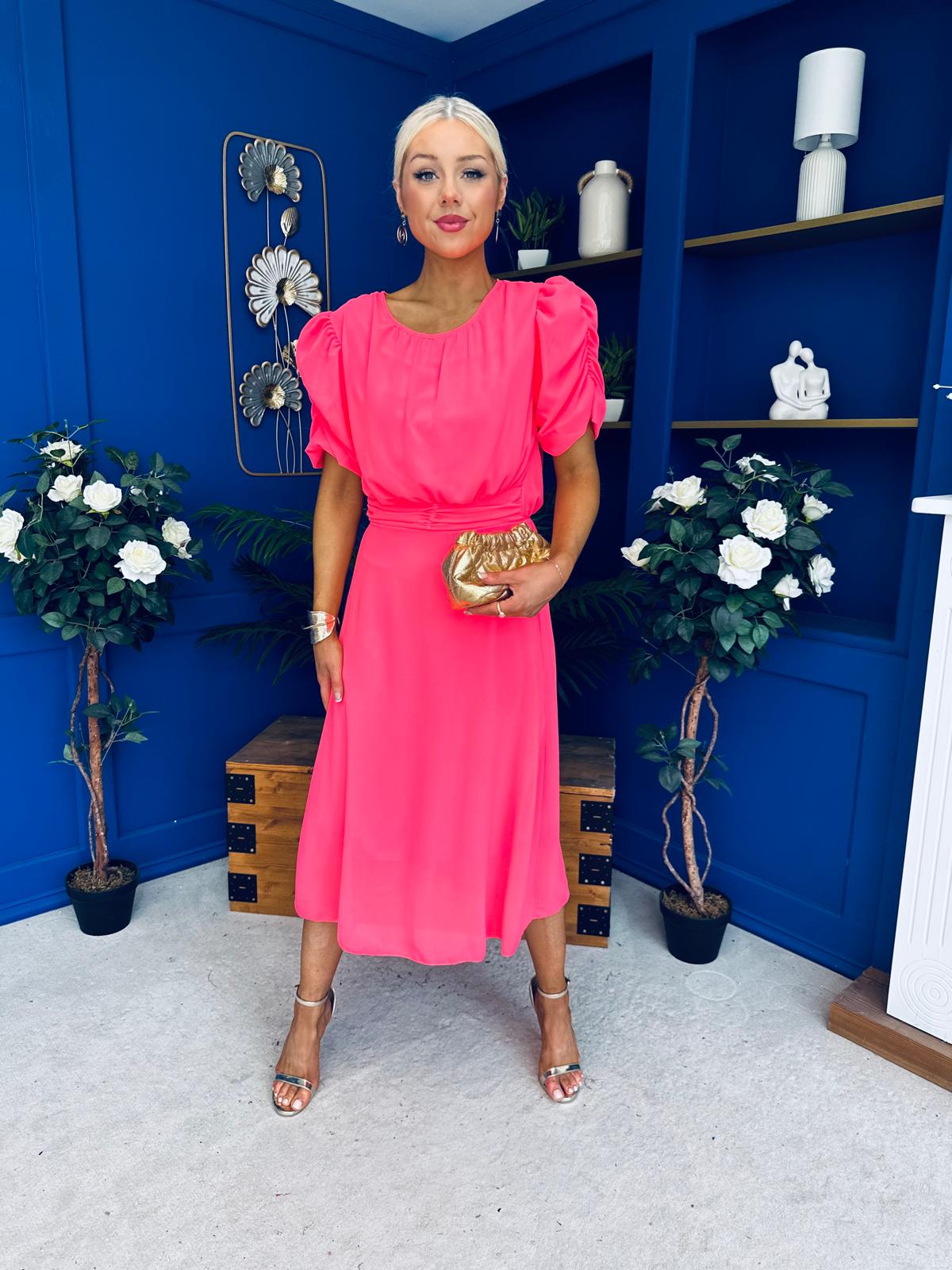 Laoise Puff Sleeve Banded Midi Dress Neon