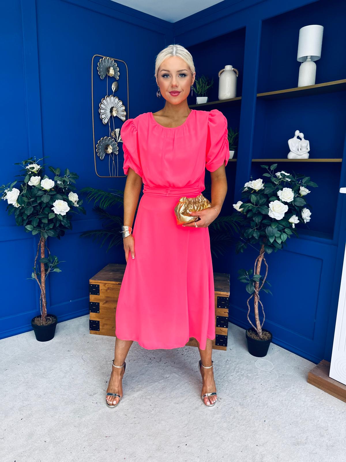 Laoise Puff Sleeve Banded Midi Dress Neon