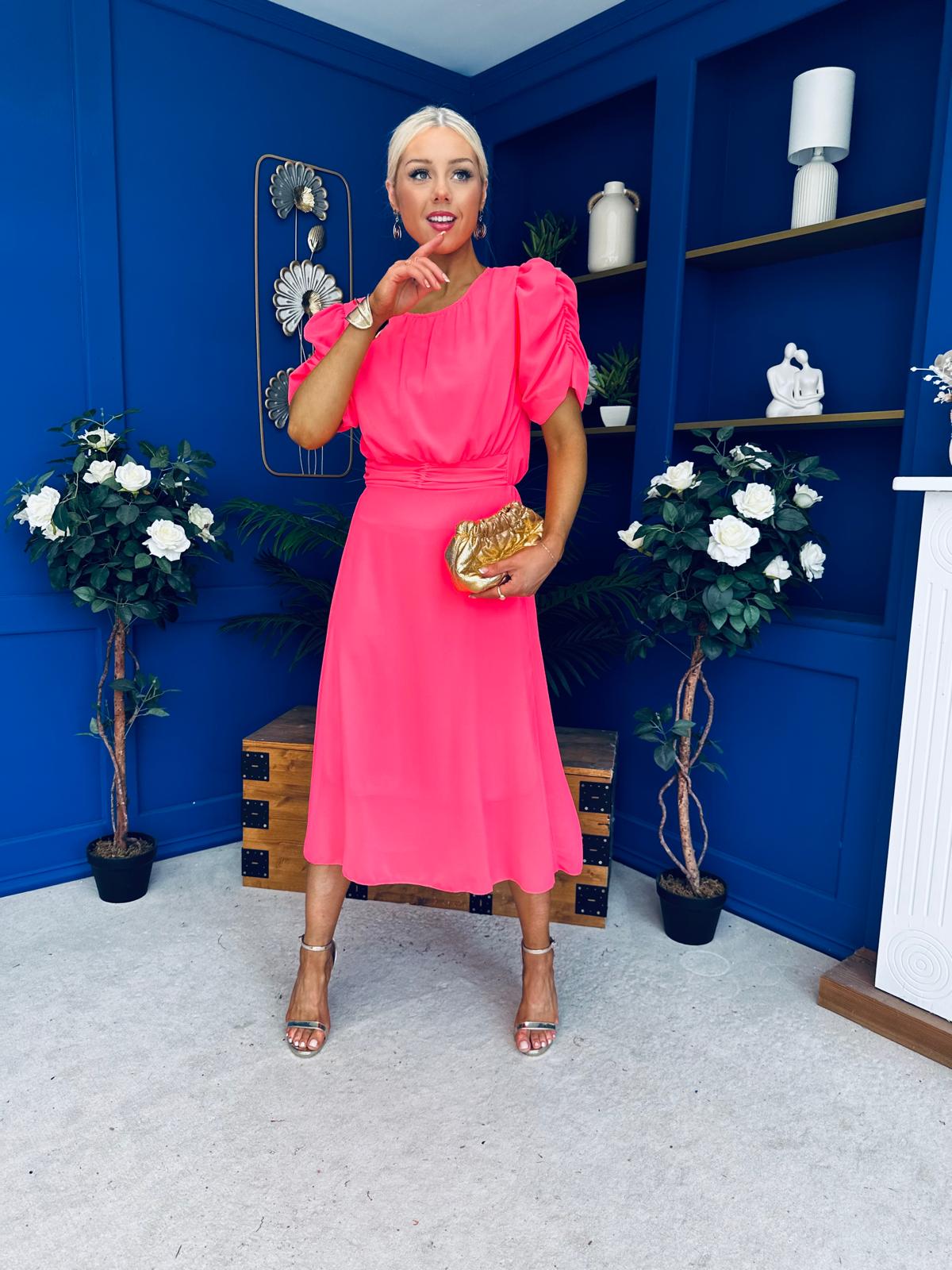 Laoise Puff Sleeve Banded Midi Dress Neon