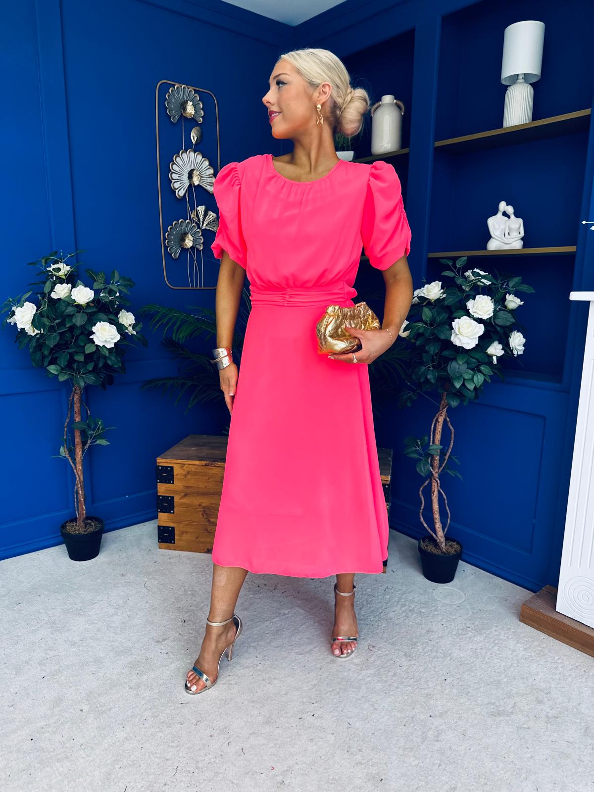 Laoise Puff Sleeve Banded Midi Dress Neon