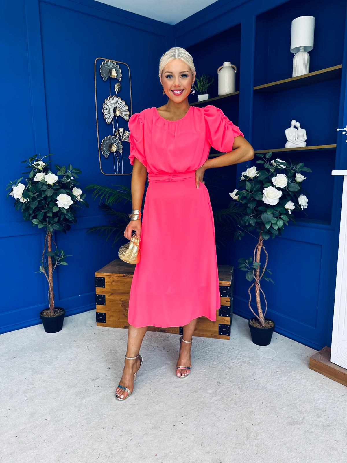 Laoise Puff Sleeve Banded Midi Dress Neon