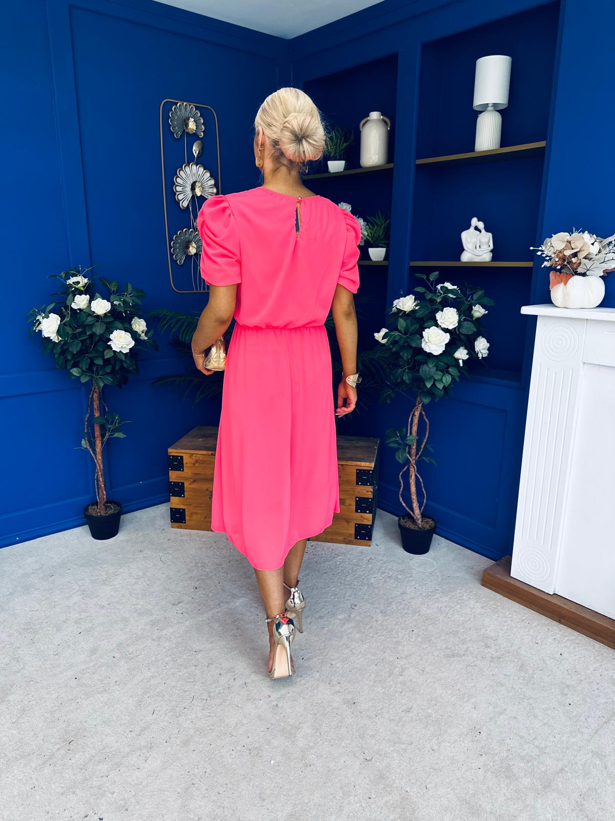 Laoise Puff Sleeve Banded Midi Dress Neon