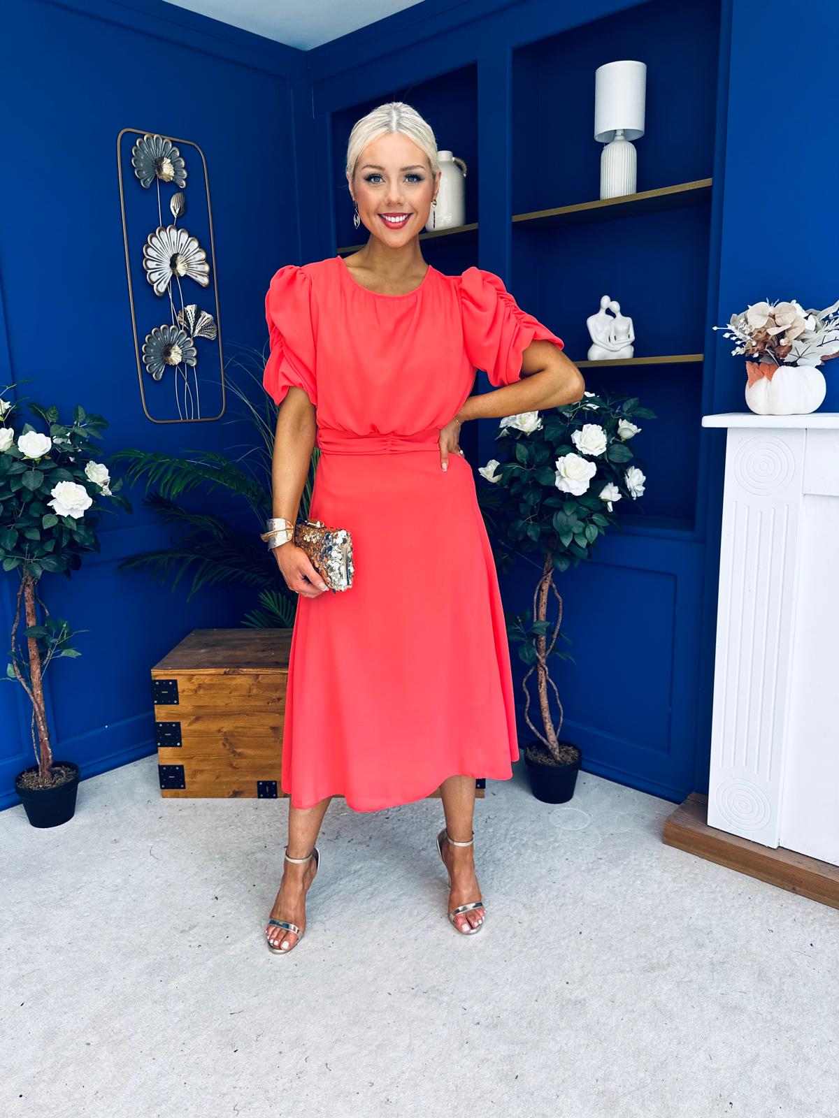 Laoise Puff Sleeve Banded Midi Dress Coral