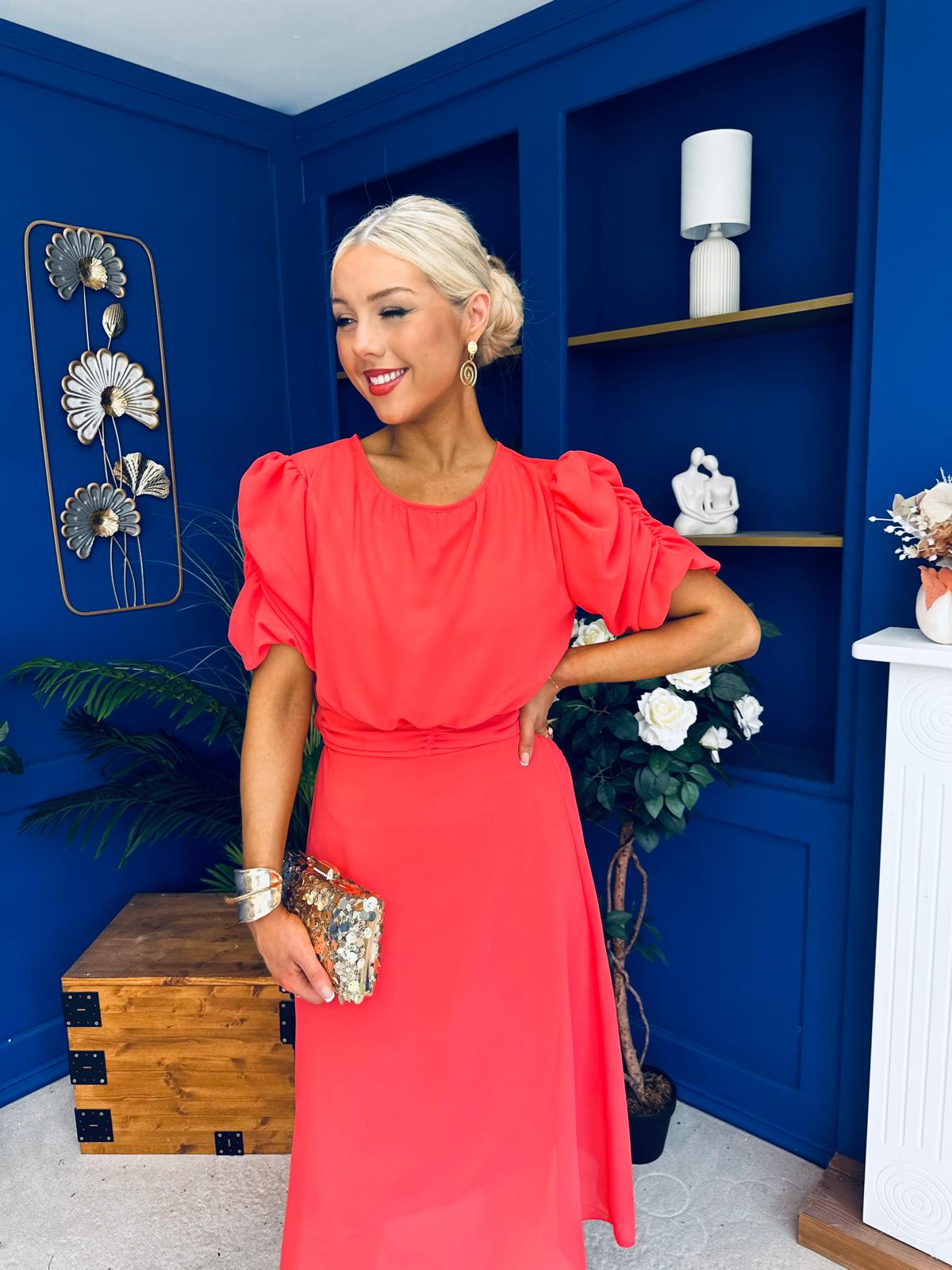 Laoise Puff Sleeve Banded Midi Dress Coral
