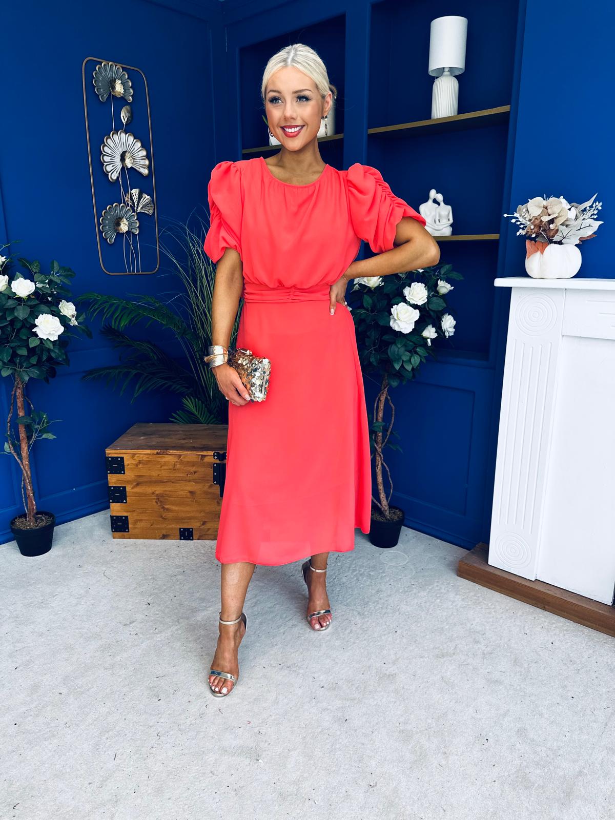 Laoise Puff Sleeve Banded Midi Dress Coral