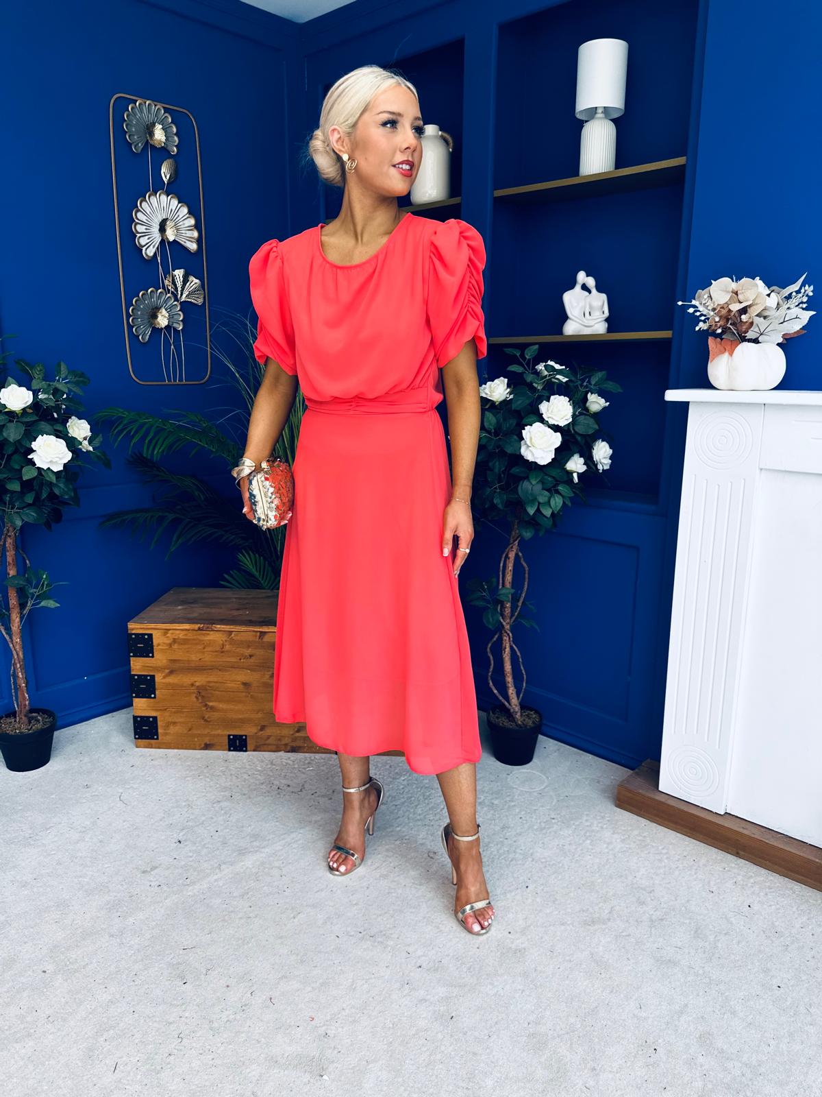 Laoise Puff Sleeve Banded Midi Dress Coral