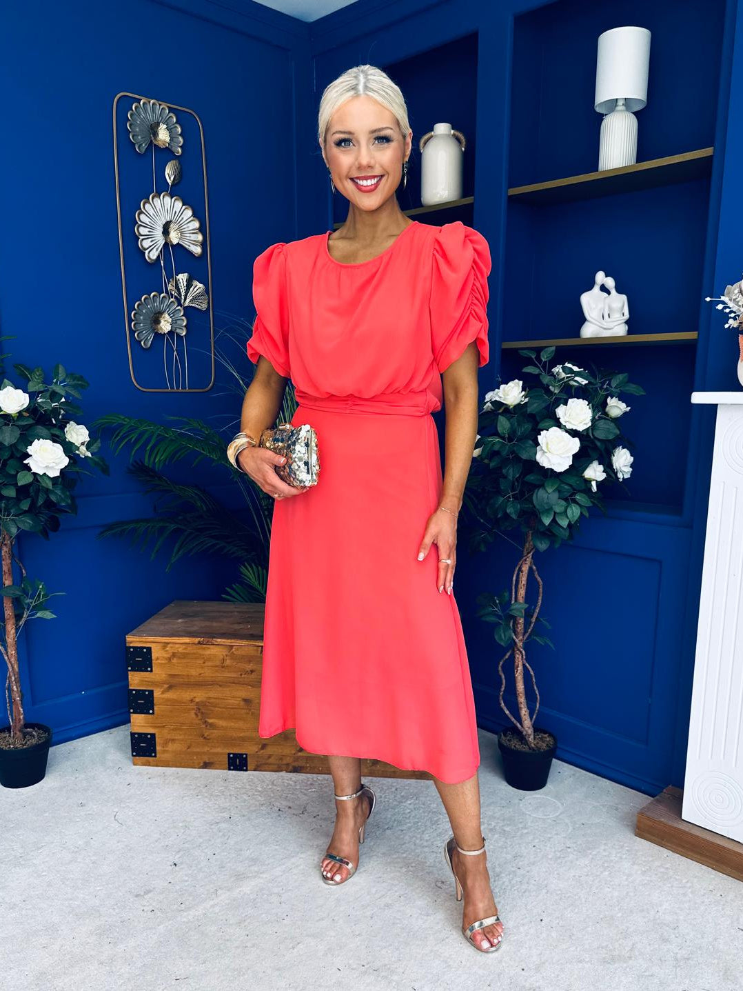 Laoise Puff Sleeve Banded Midi Dress Coral