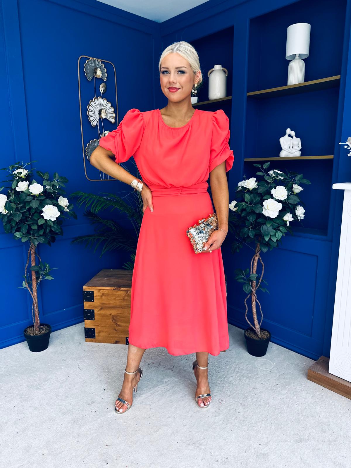 Laoise Puff Sleeve Banded Midi Dress Coral