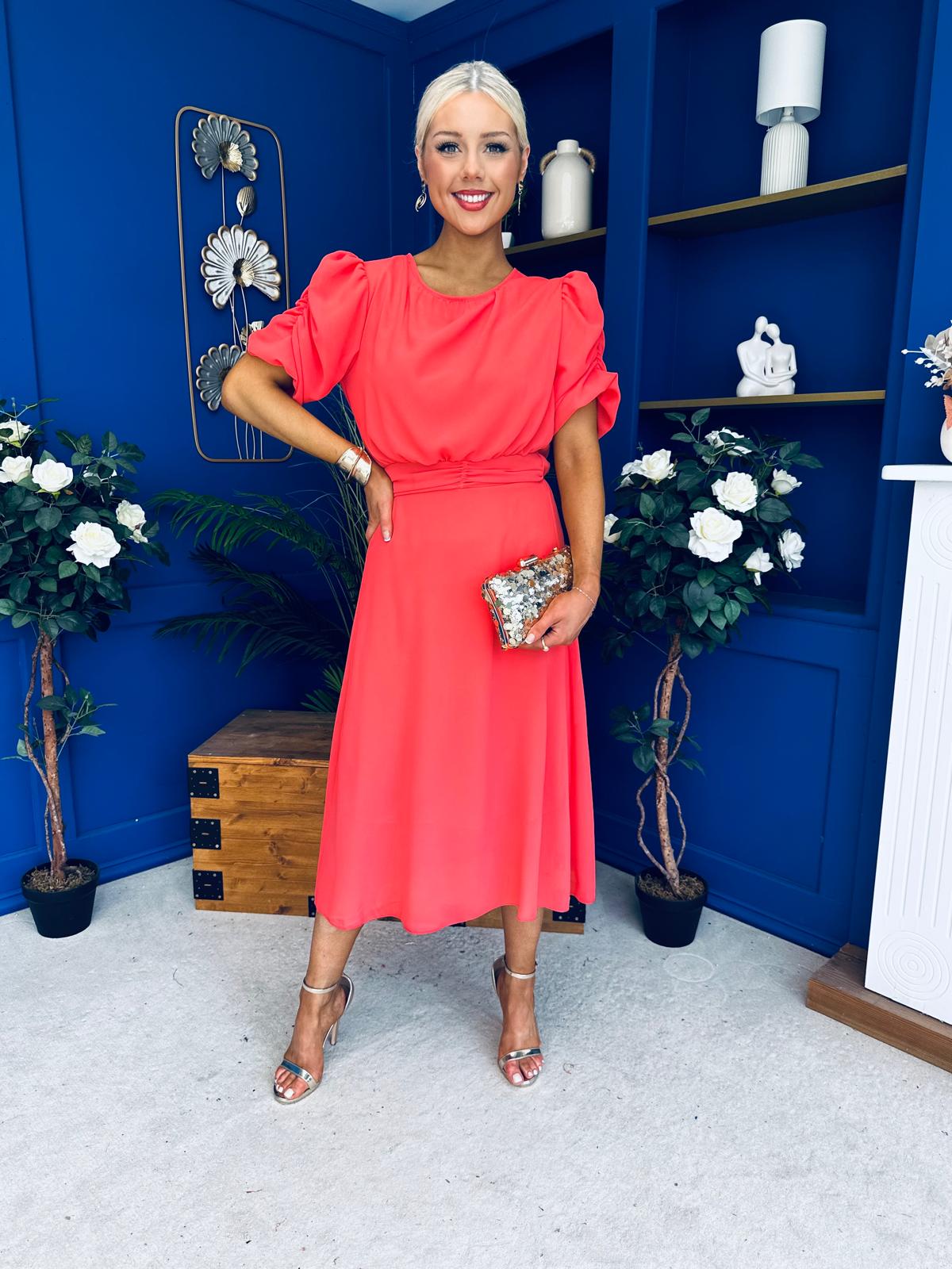 Laoise Puff Sleeve Banded Midi Dress Coral