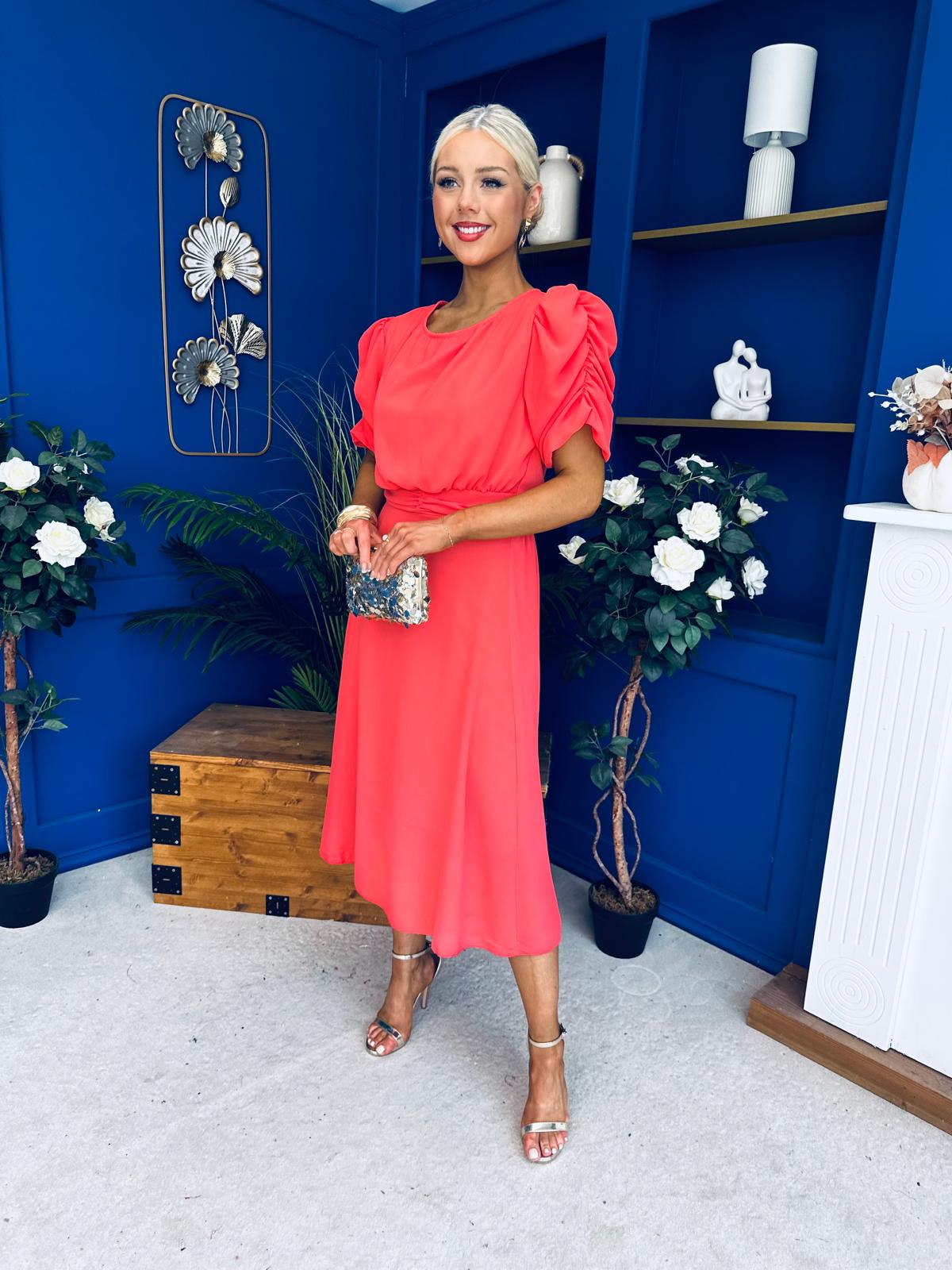 Laoise Puff Sleeve Banded Midi Dress Coral