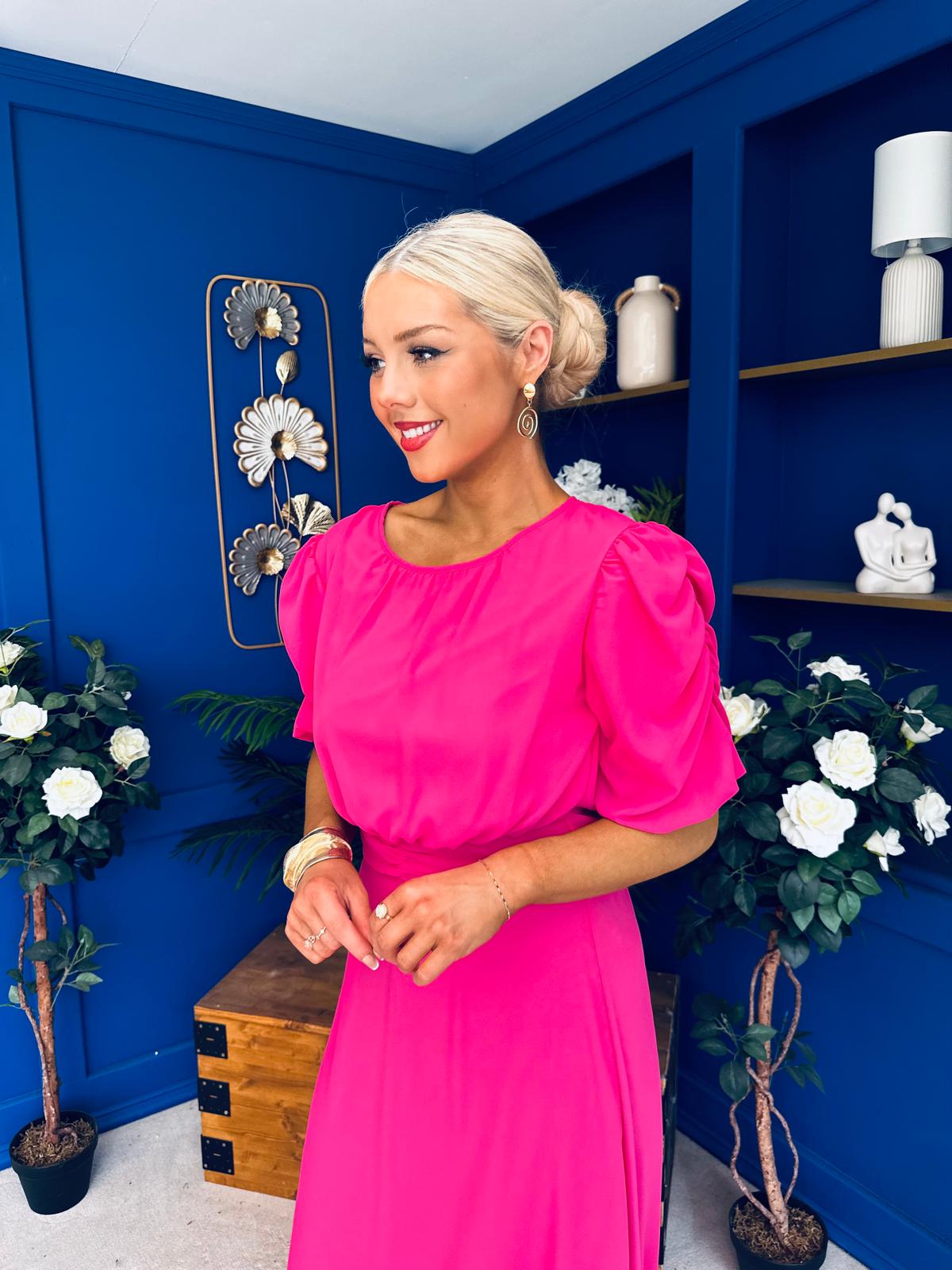 Laoise Puff Sleeve Banded Midi Dress Hot Pink