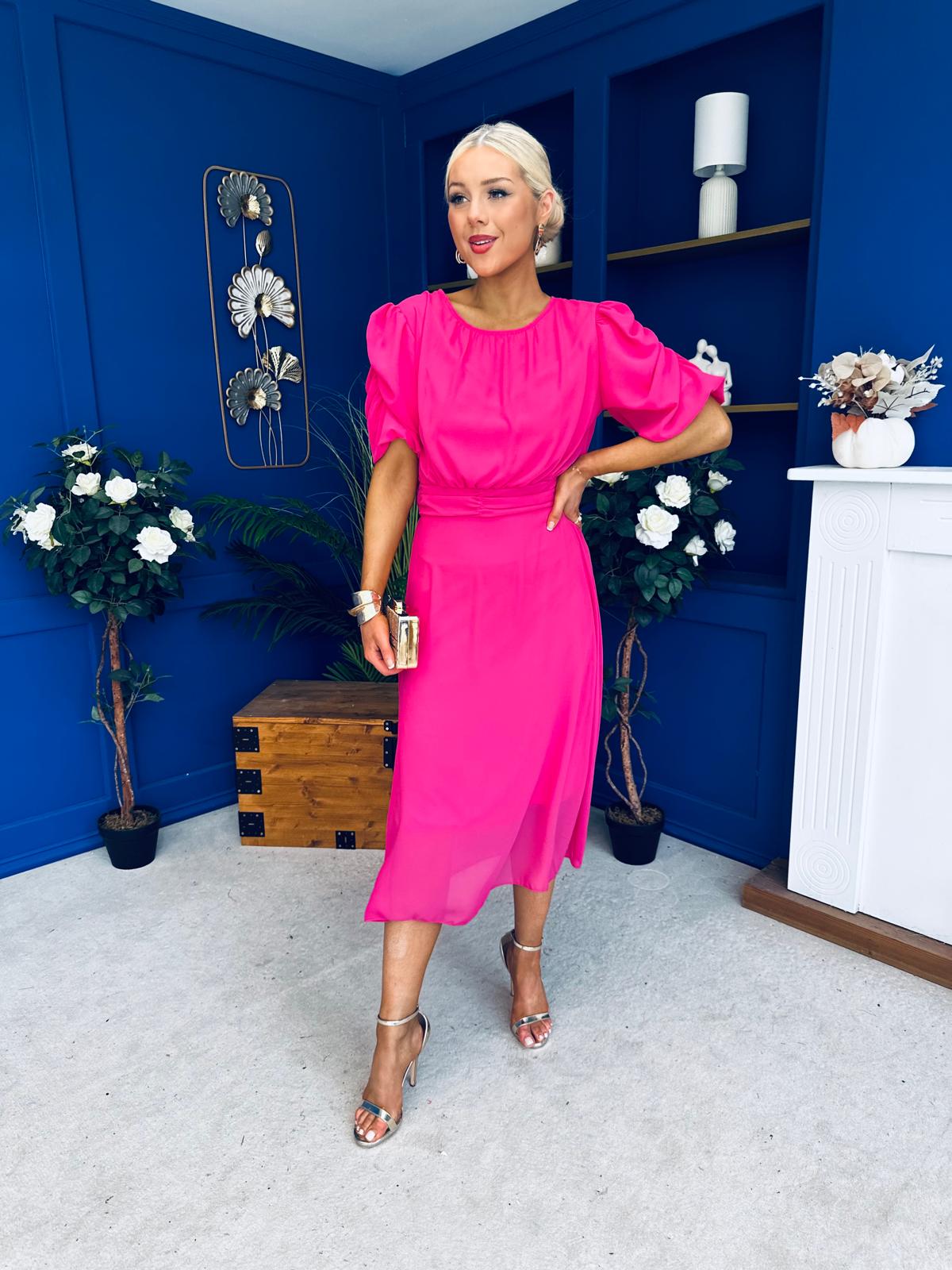 Laoise Puff Sleeve Banded Midi Dress Hot Pink