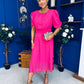 Laoise Puff Sleeve Banded Midi Dress Hot Pink