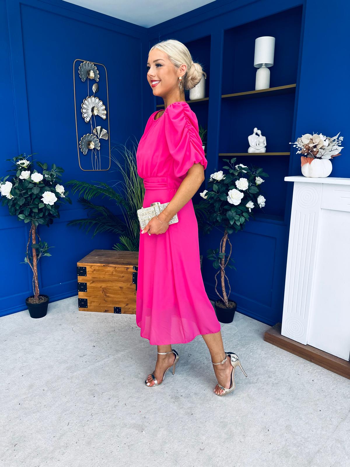 Laoise Puff Sleeve Banded Midi Dress Hot Pink