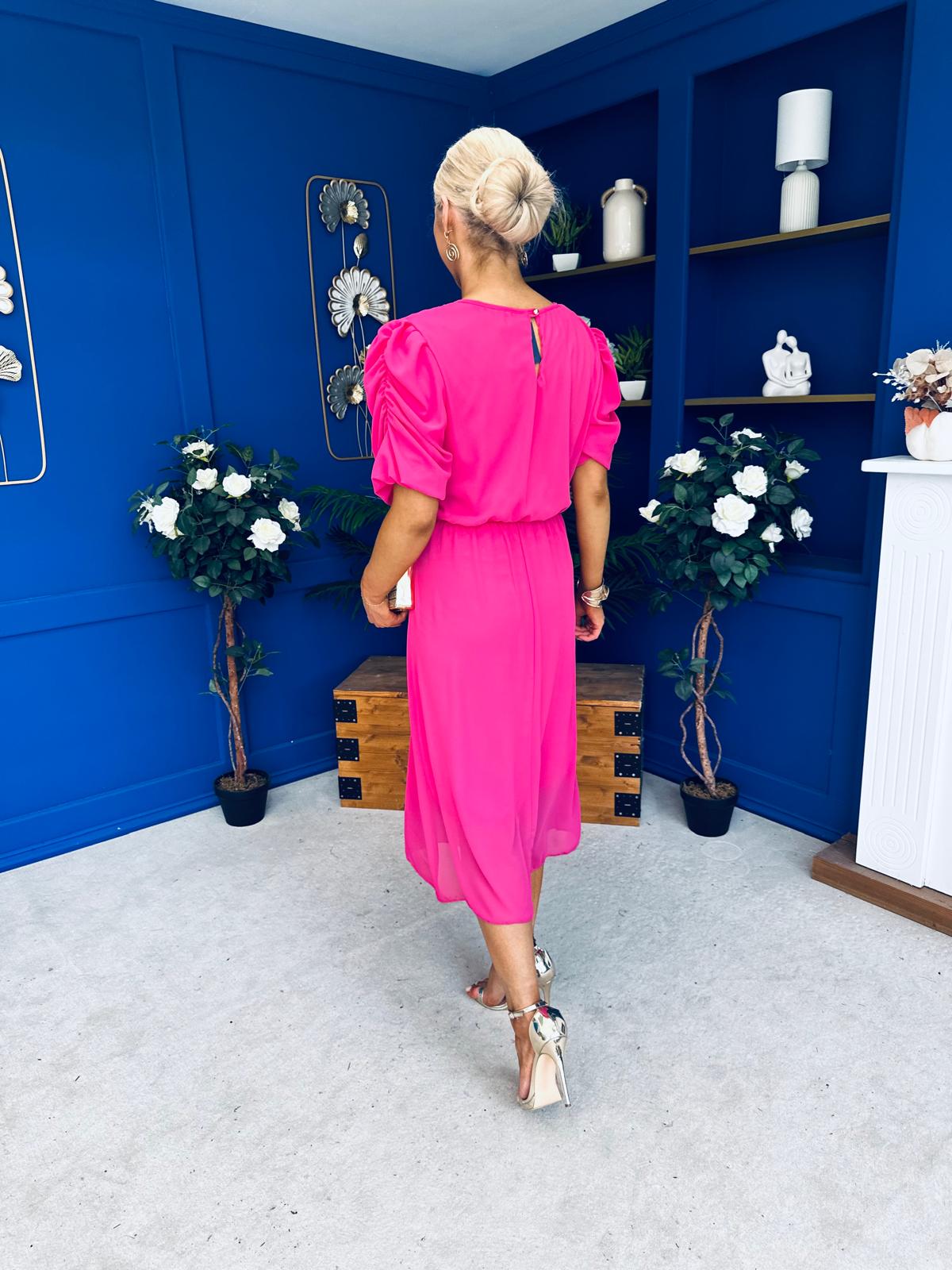 Laoise Puff Sleeve Banded Midi Dress Hot Pink  Canella Lane