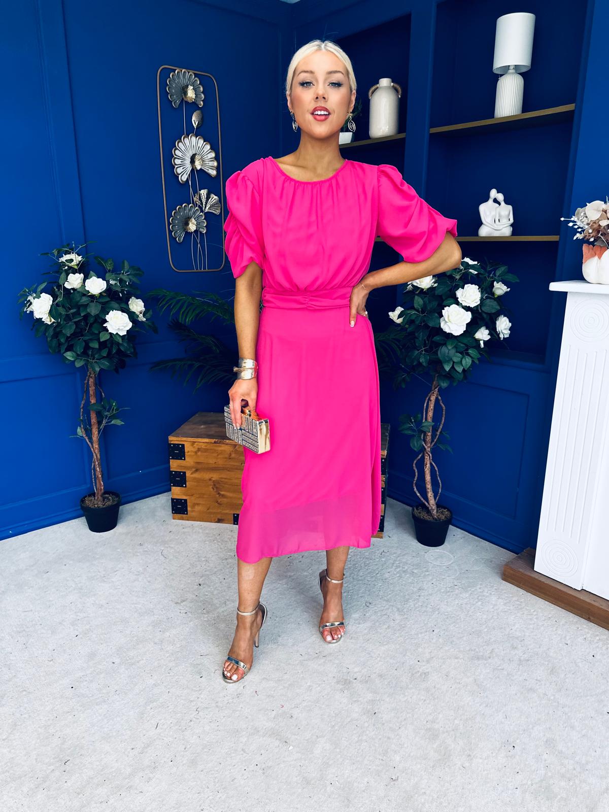 Laoise Puff Sleeve Banded Midi Dress Hot Pink