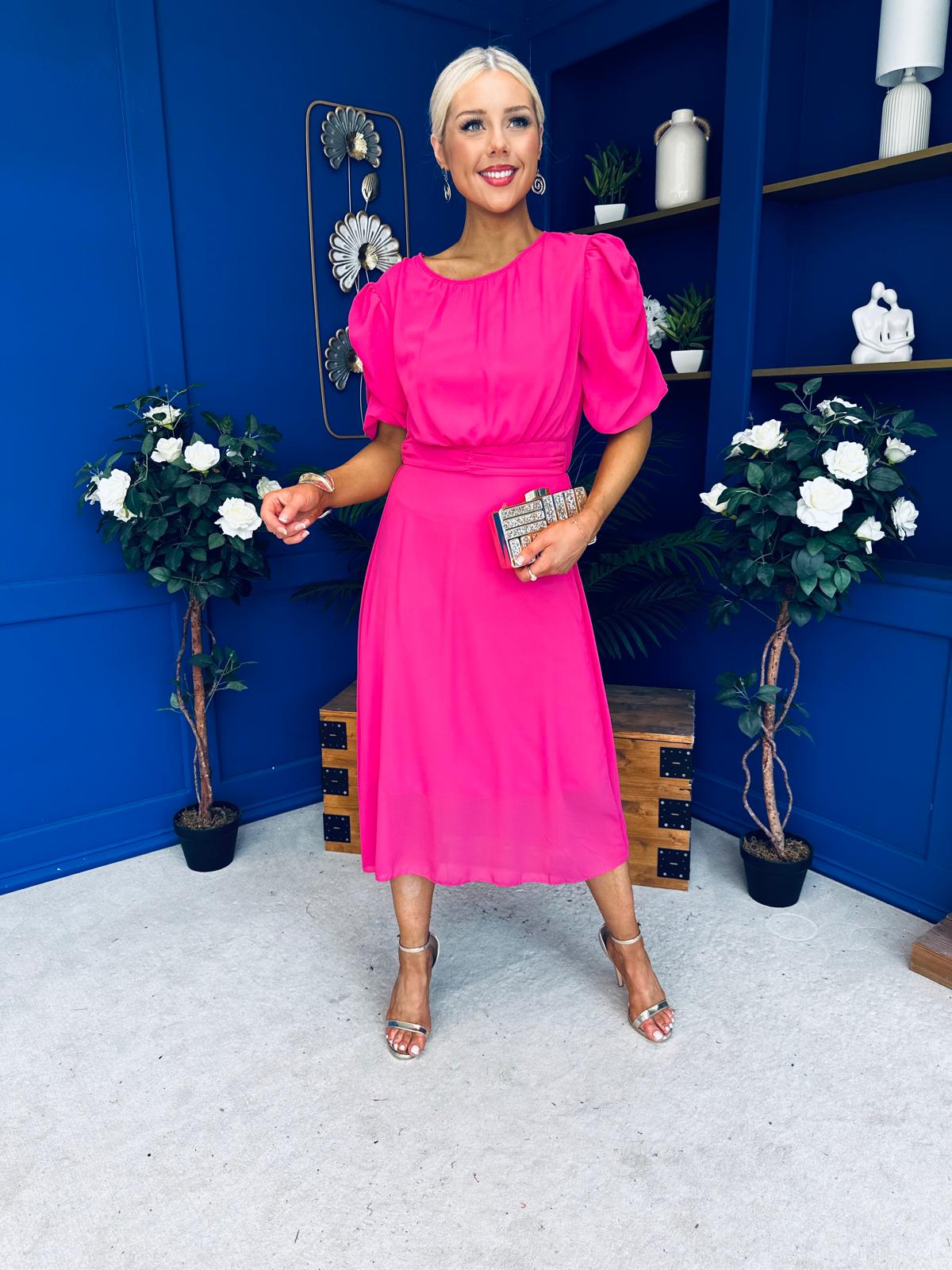 Laoise Puff Sleeve Banded Midi Dress Hot Pink