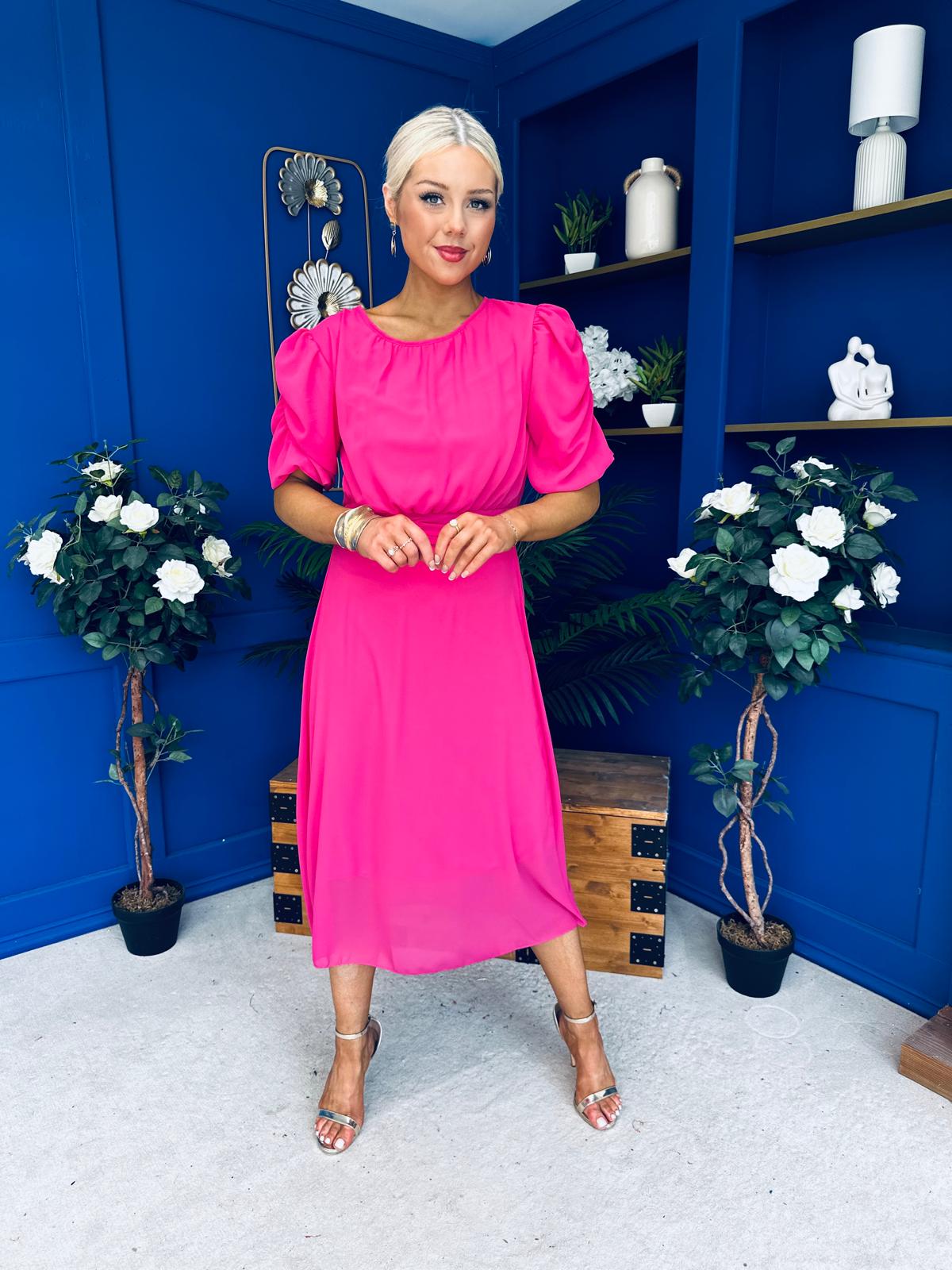 Laoise Puff Sleeve Banded Midi Dress Hot Pink