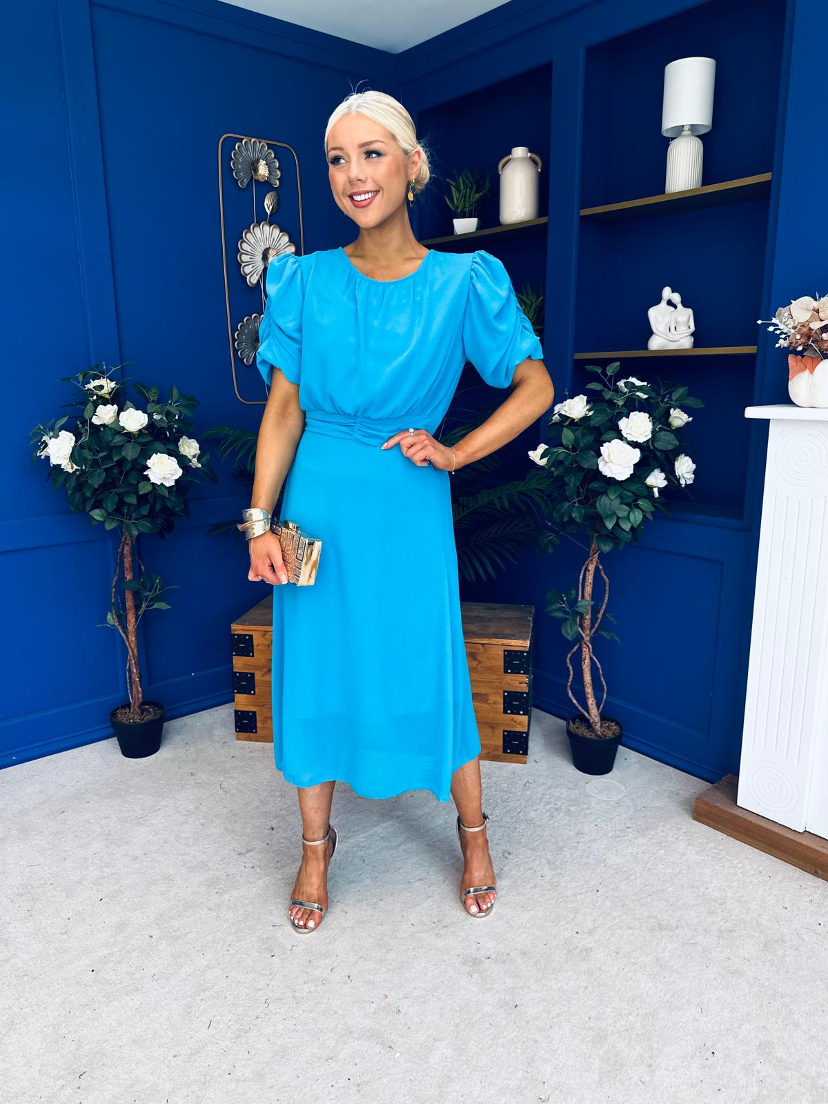 Laoise Puff Sleeve Banded Midi Dress Cyan Blue