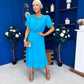 Laoise Puff Sleeve Banded Midi Dress Cyan Blue