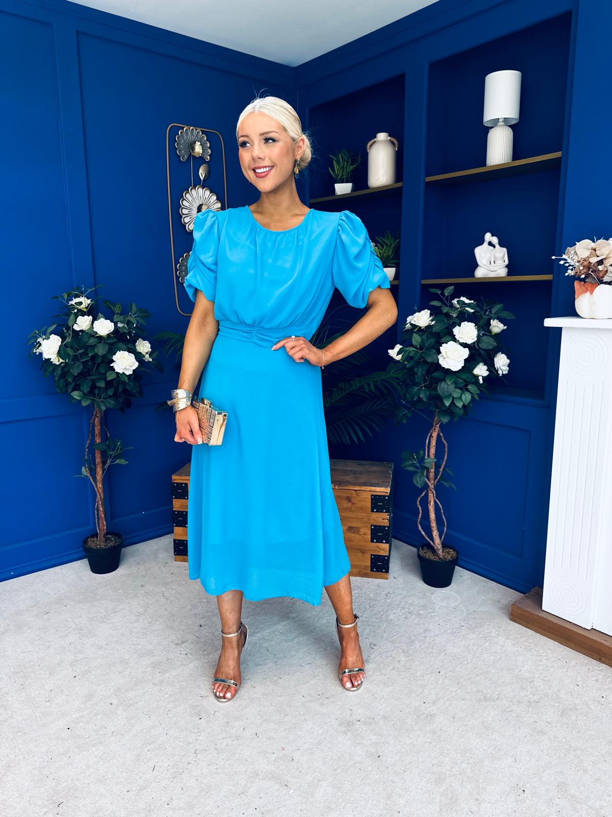 Laoise Puff Sleeve Banded Midi Dress Cyan Blue