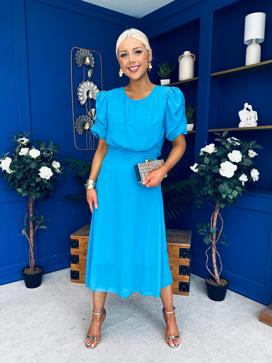 Laoise Puff Sleeve Banded Midi Dress Cyan Blue