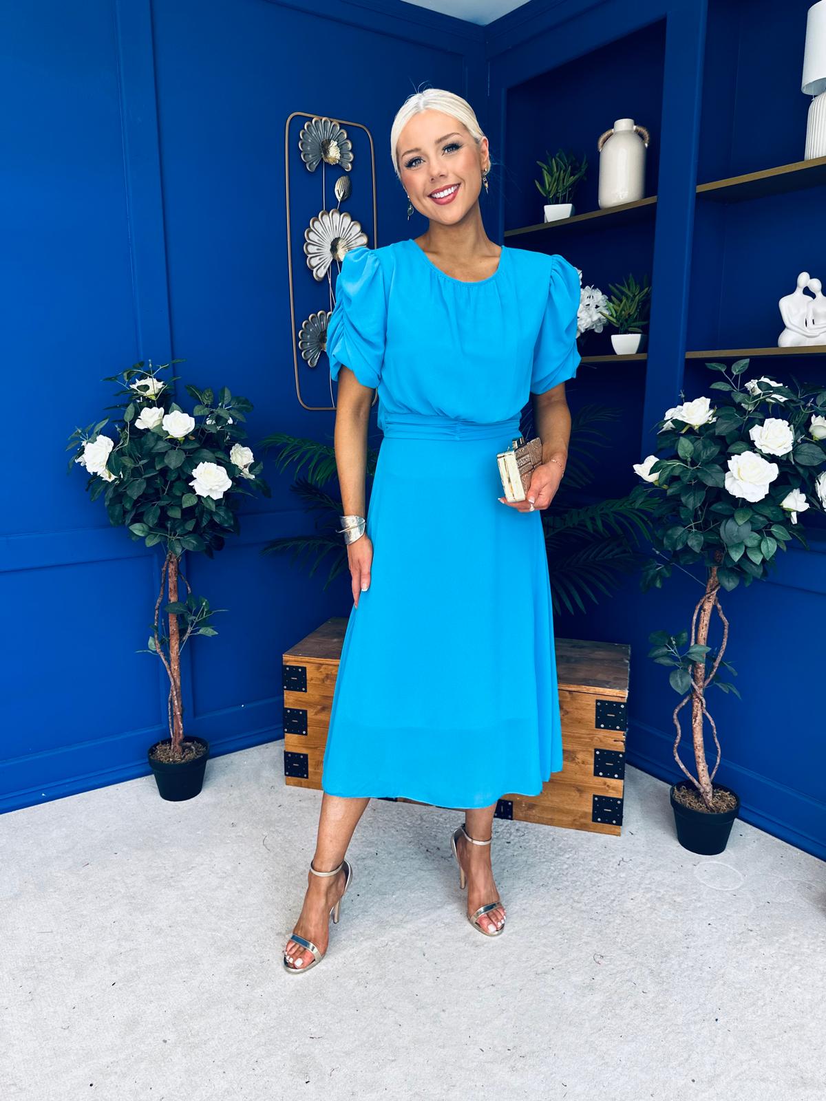 Laoise Puff Sleeve Banded Midi Dress Cyan Blue