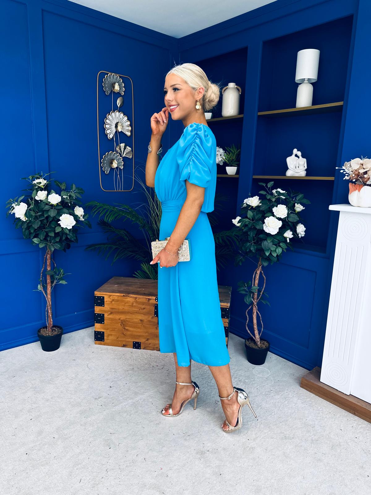 Laoise Puff Sleeve Banded Midi Dress Cyan Blue