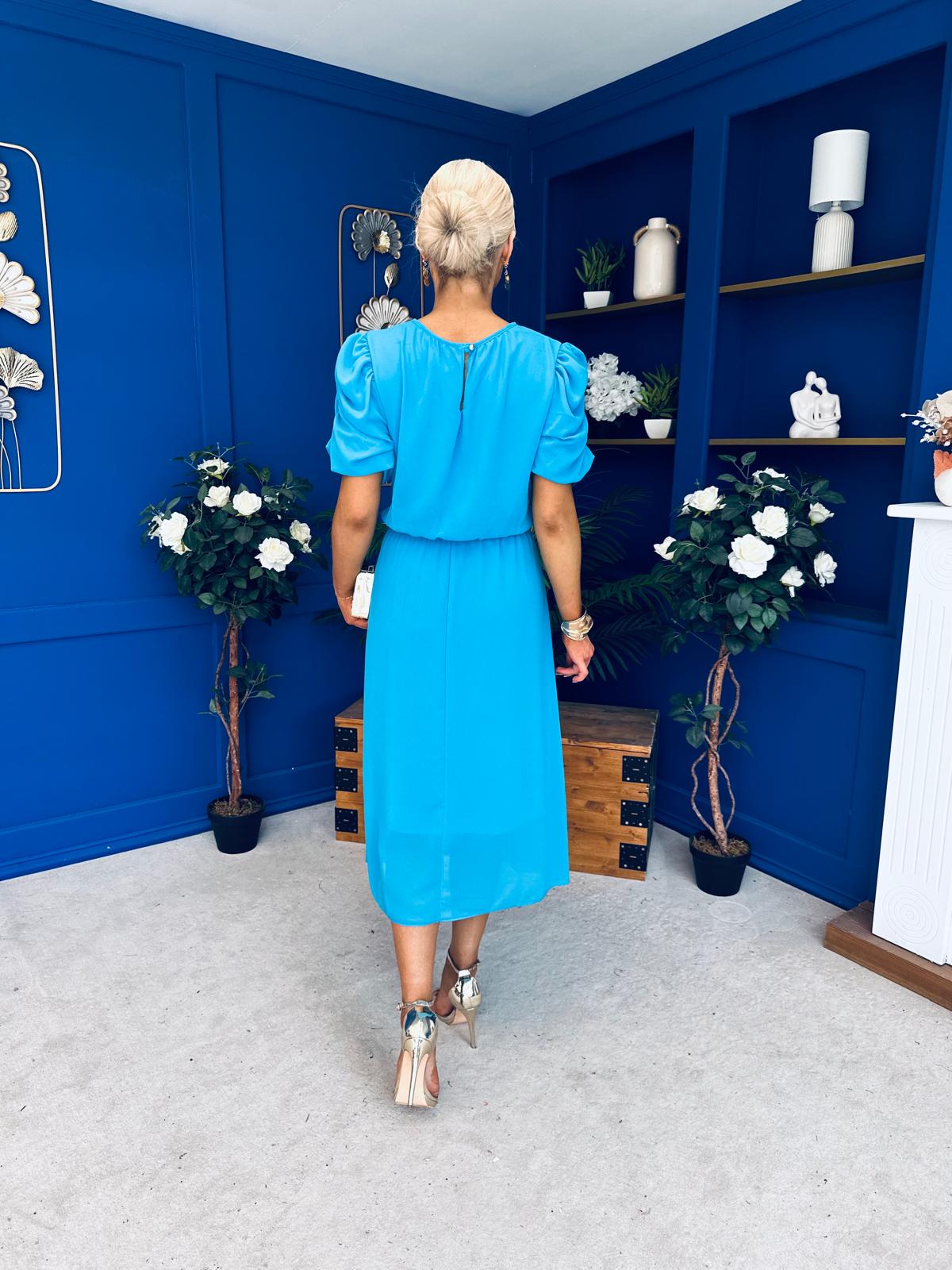 Laoise Puff Sleeve Banded Midi Dress Cyan Blue