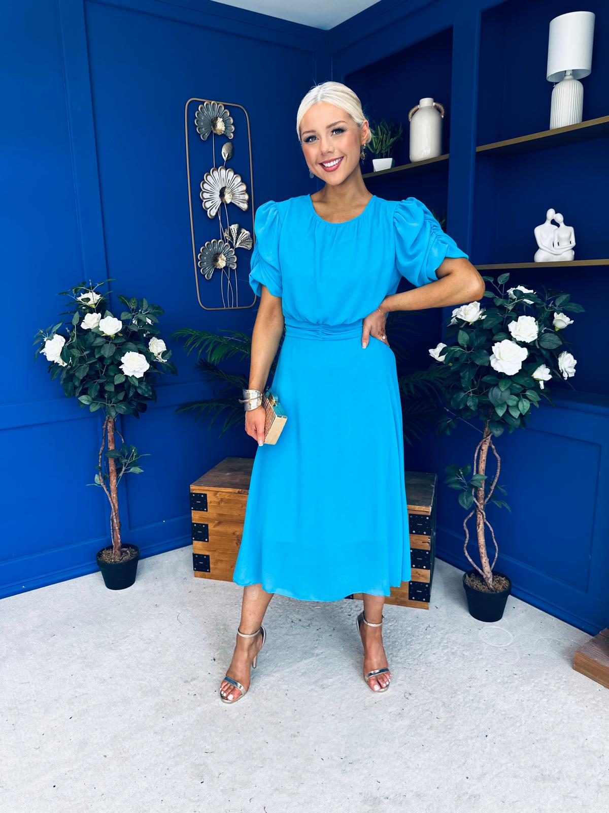 Laoise Puff Sleeve Banded Midi Dress Cyan Blue
