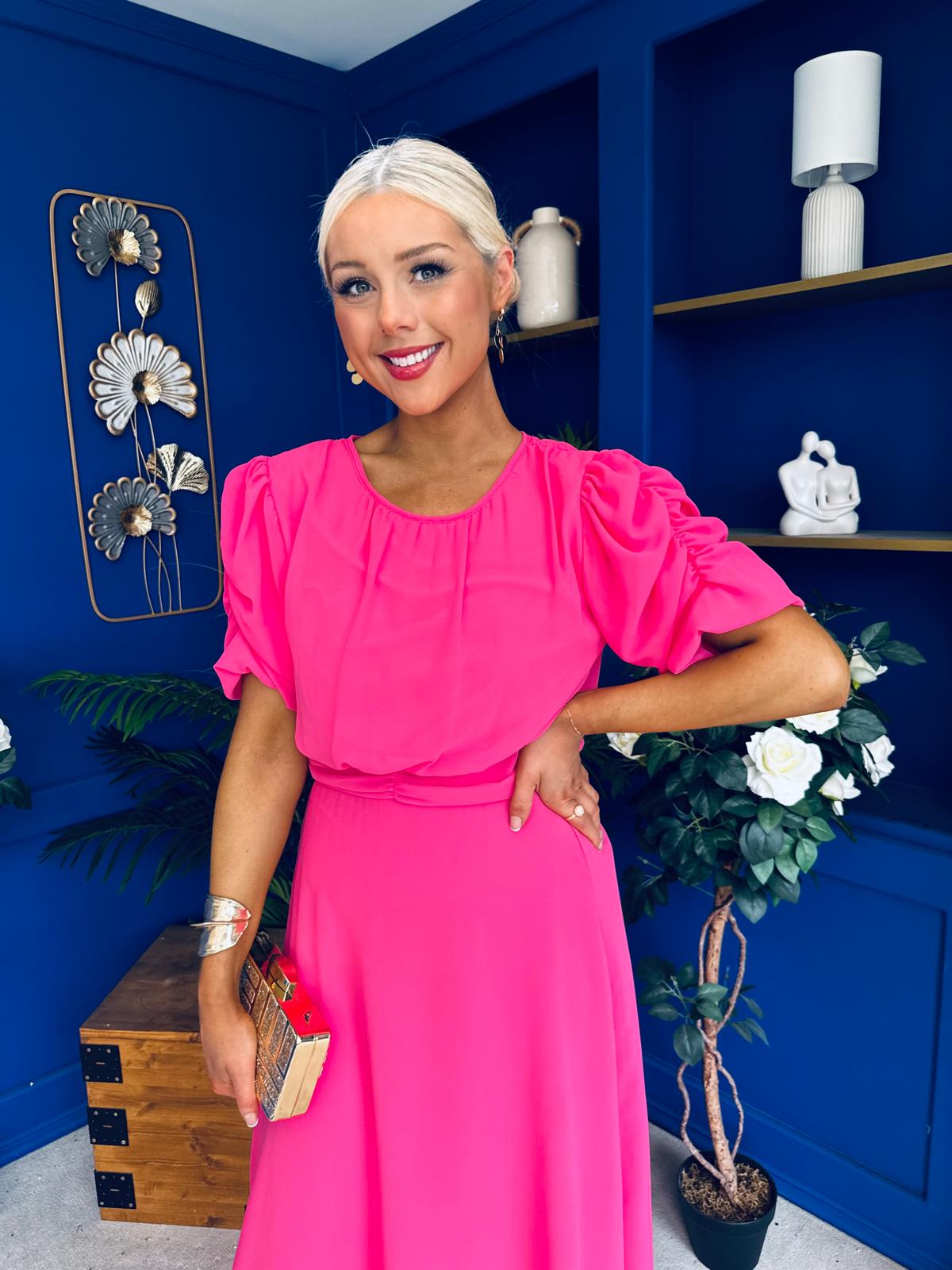 Laoise Puff Sleeve Banded Midi Dress Cerise