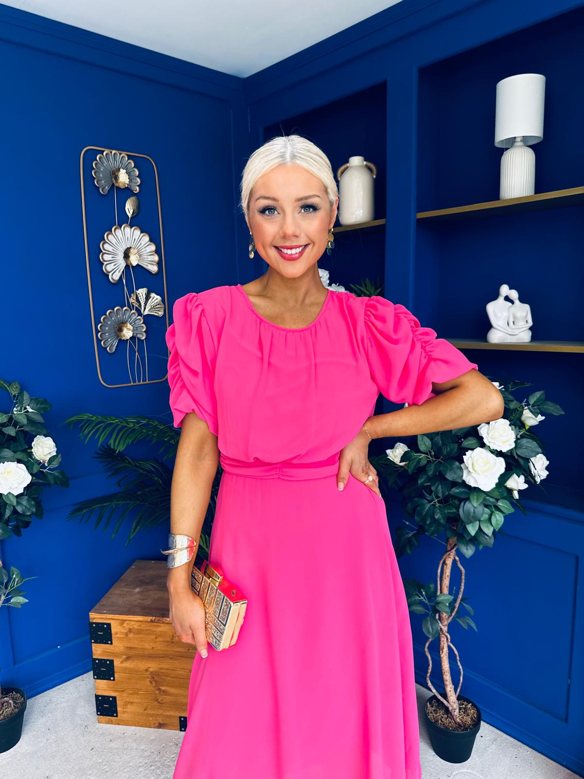 Laoise Puff Sleeve Banded Midi Dress Cerise
