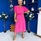 Laoise Puff Sleeve Banded Midi Dress Cerise