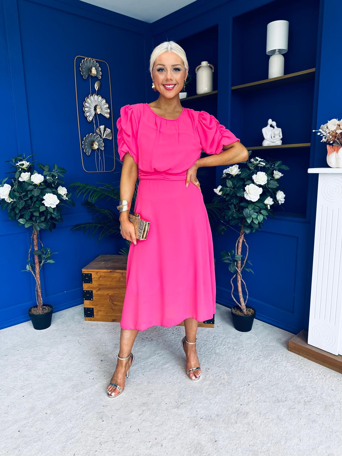 Laoise Puff Sleeve Banded Midi Dress Cerise